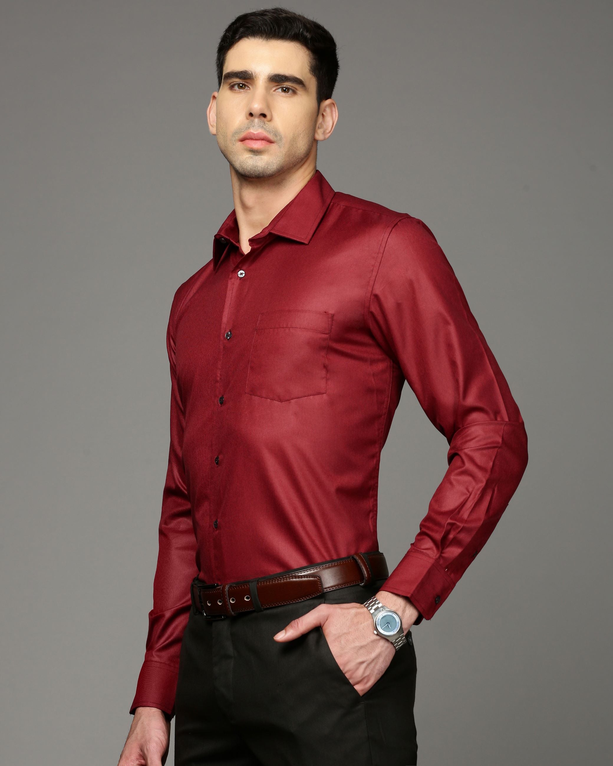 Men Red Cotton Blend Slim Shirt
