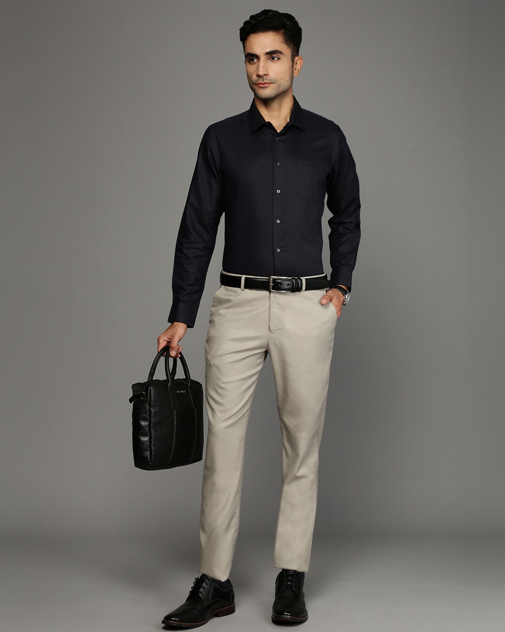 Men Black Cotton Blend Slim Shirt