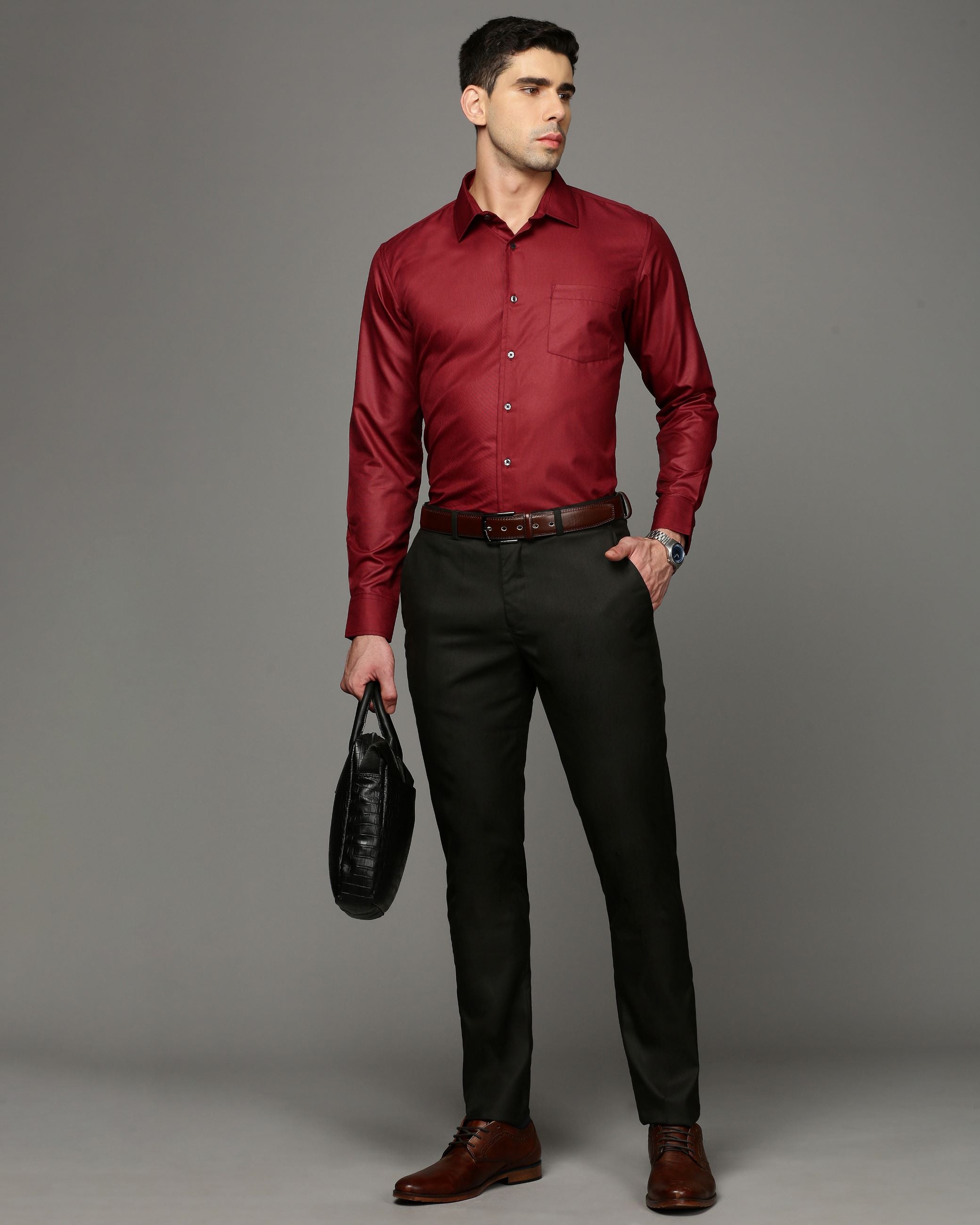 Men Red Cotton Blend Slim Shirt