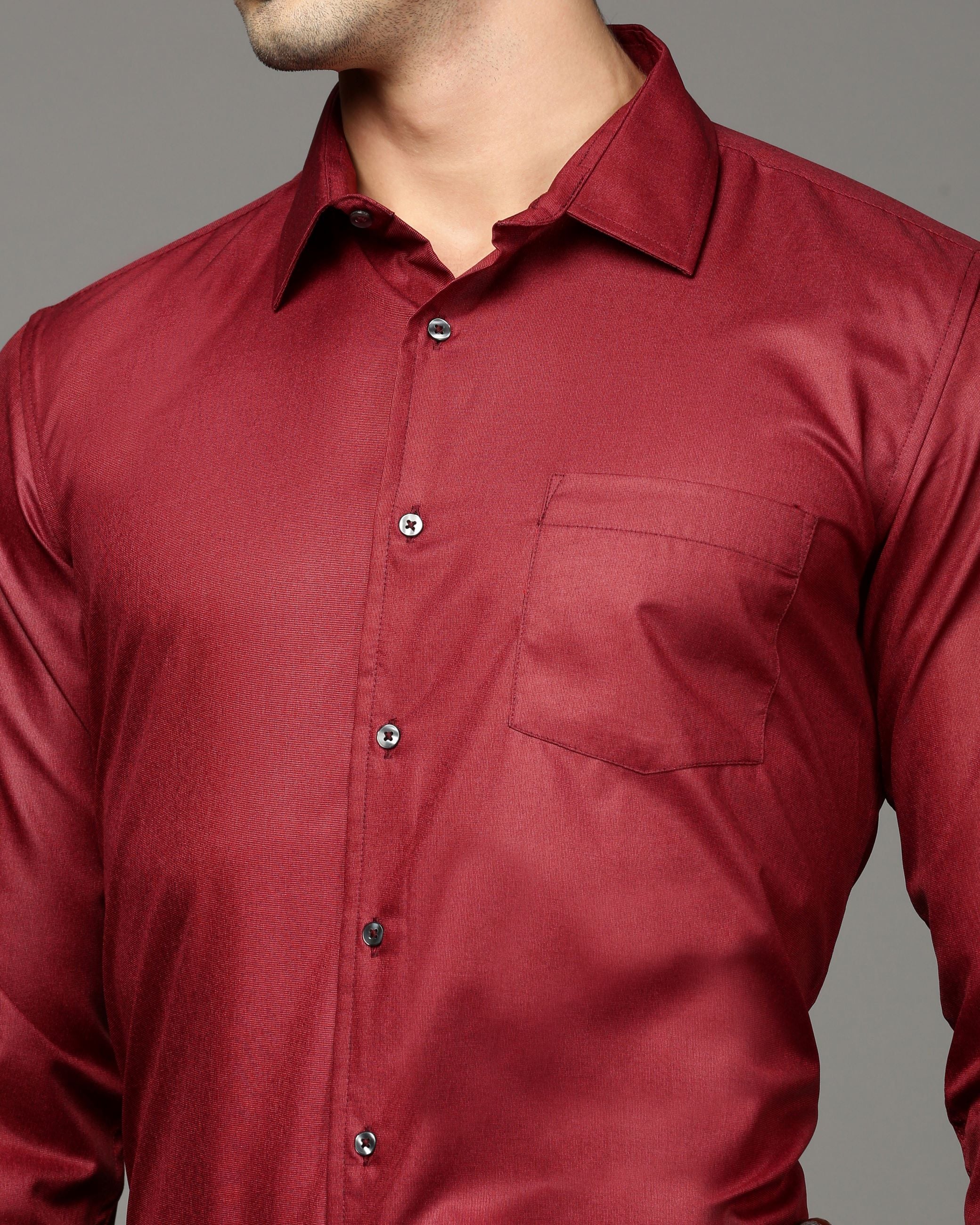 Men Red Cotton Blend Slim Shirt