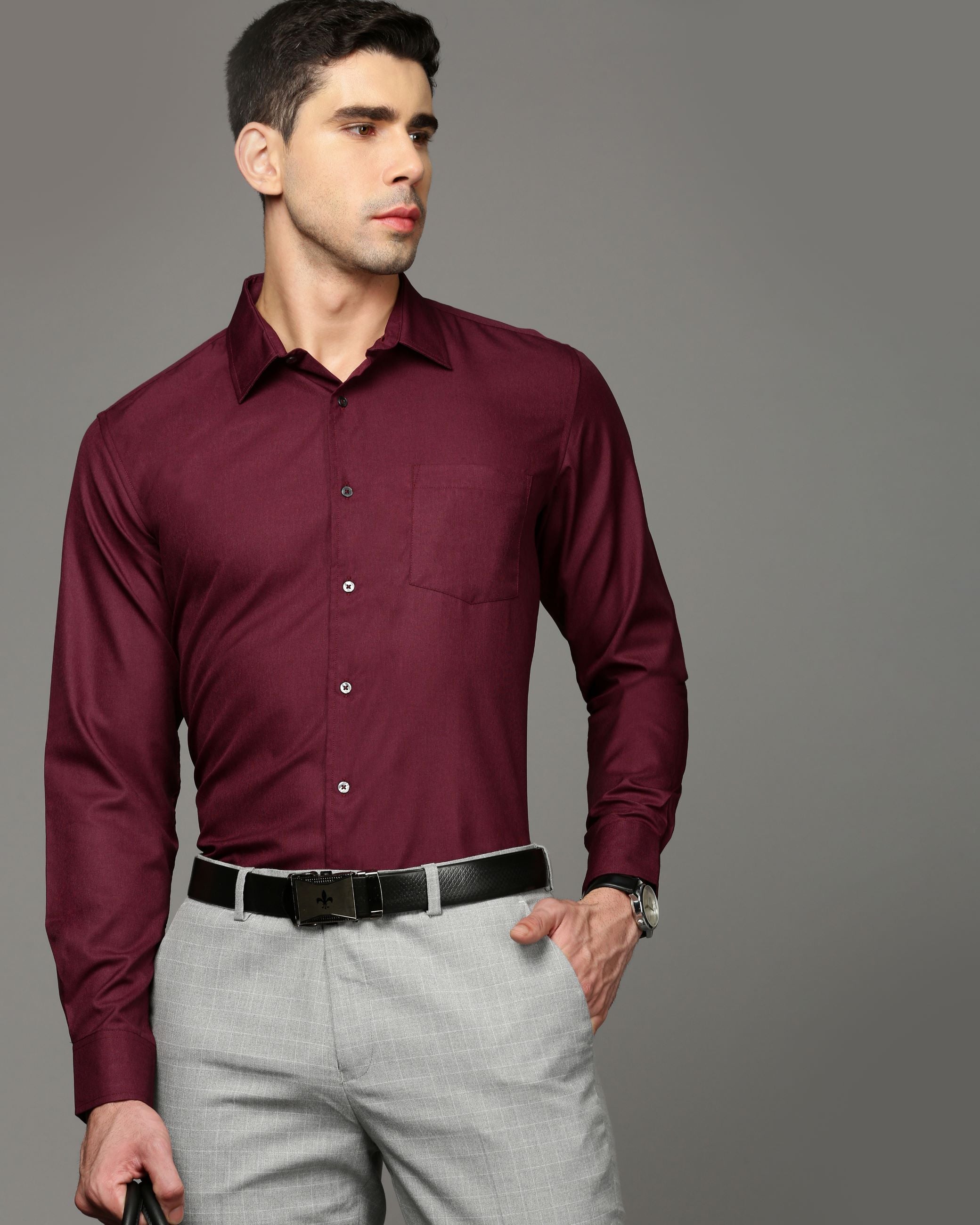 Men Purple Cotton Blend Slim Shirt