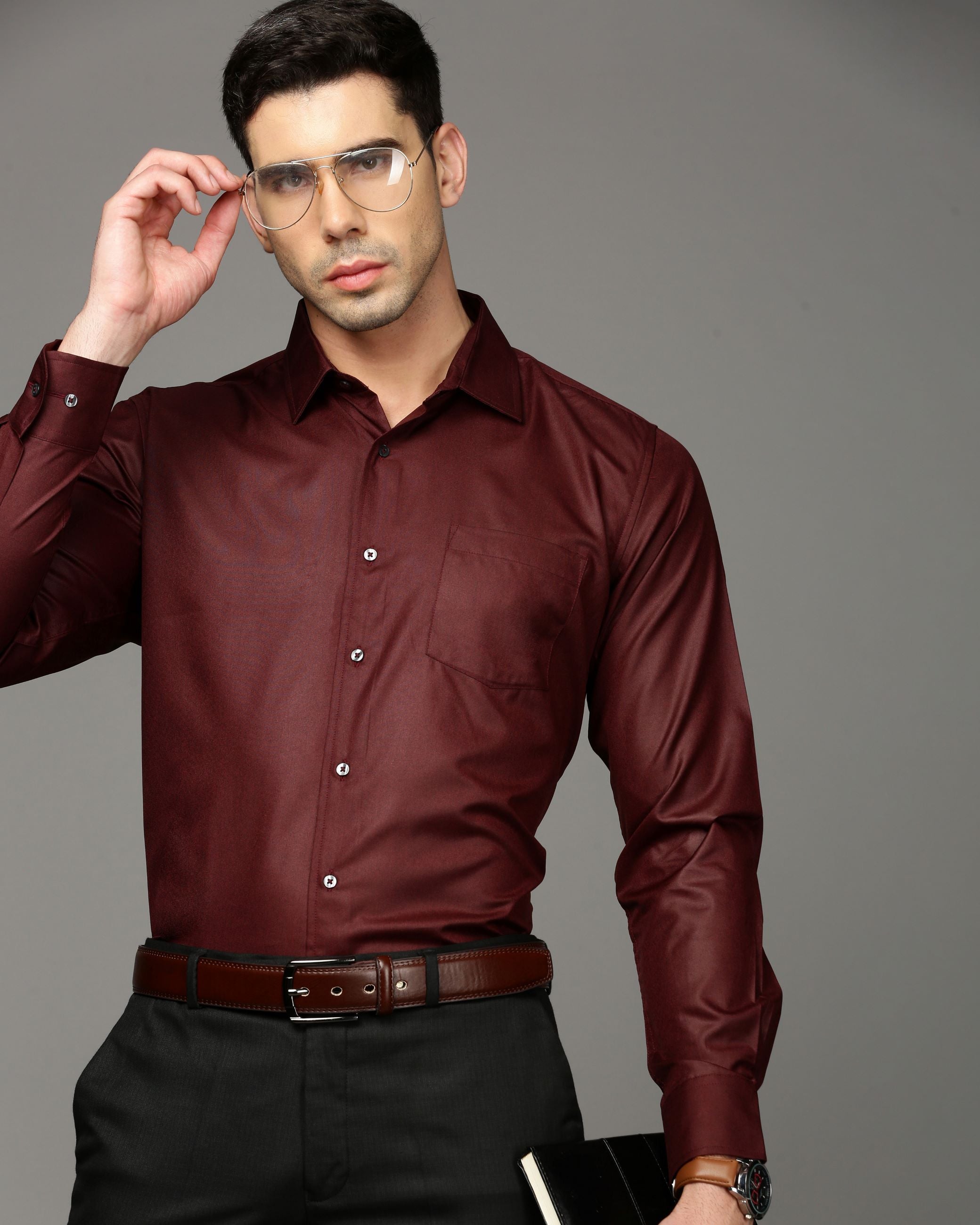 Men Maroon Cotton Blend Slim Shirt