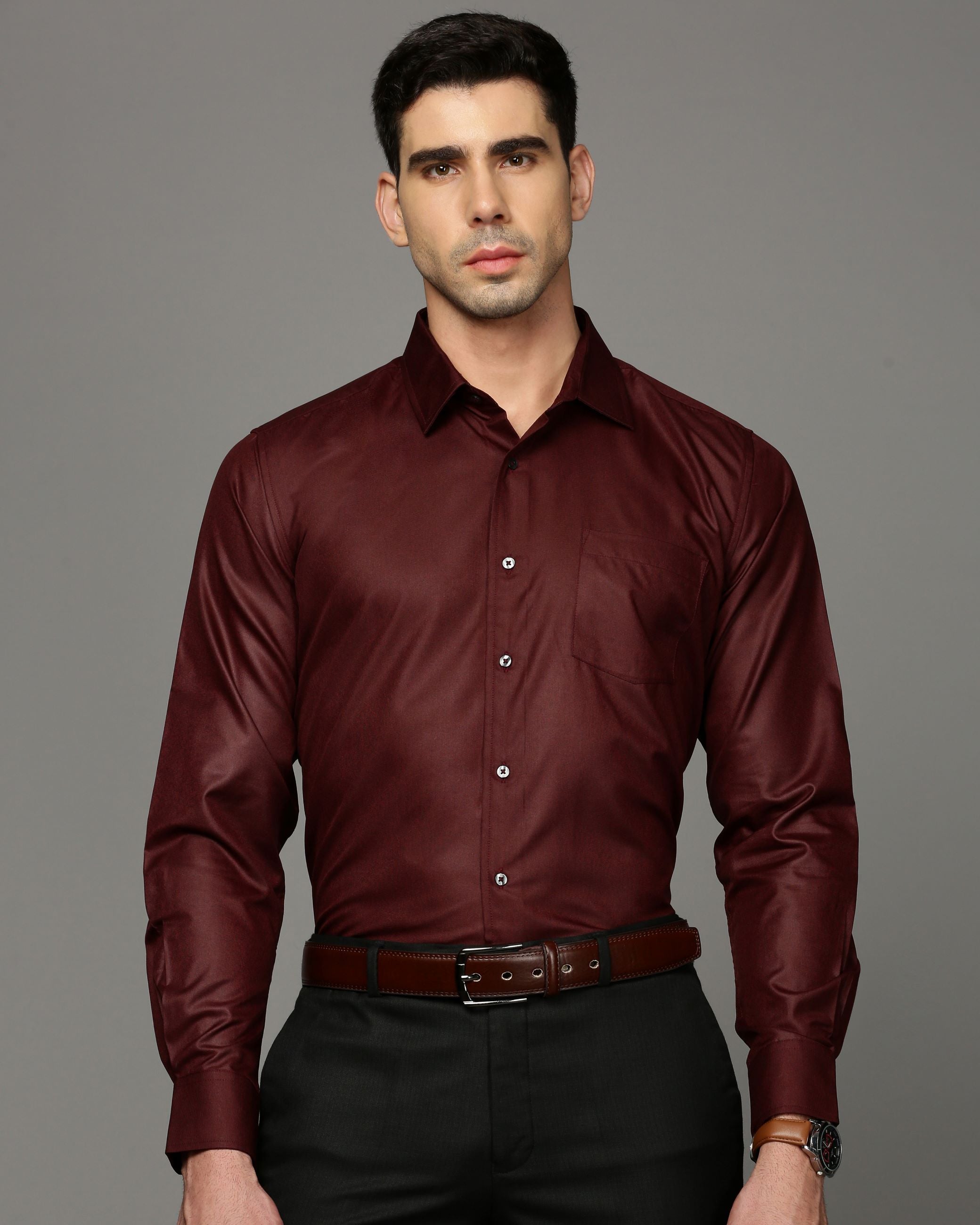 Men Maroon Cotton Blend Slim Shirt