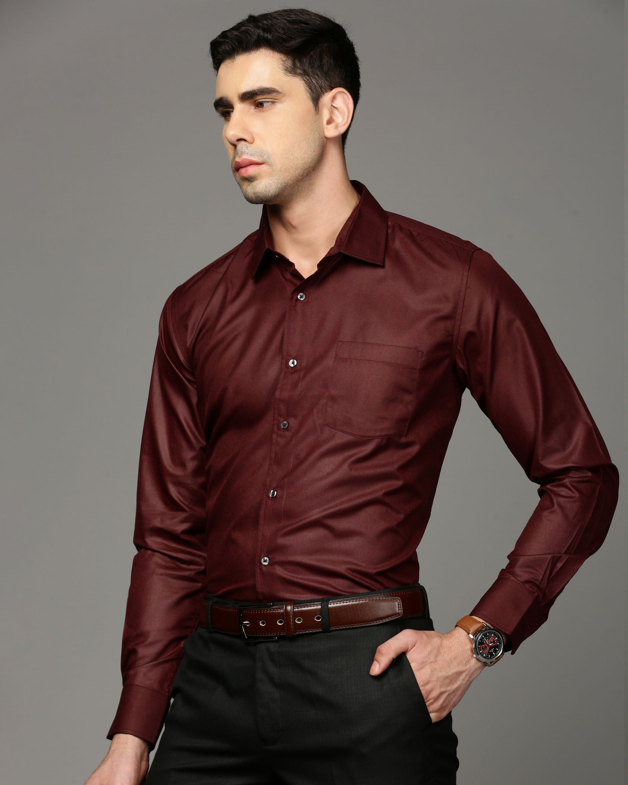 Men Maroon Cotton Blend Slim Shirt