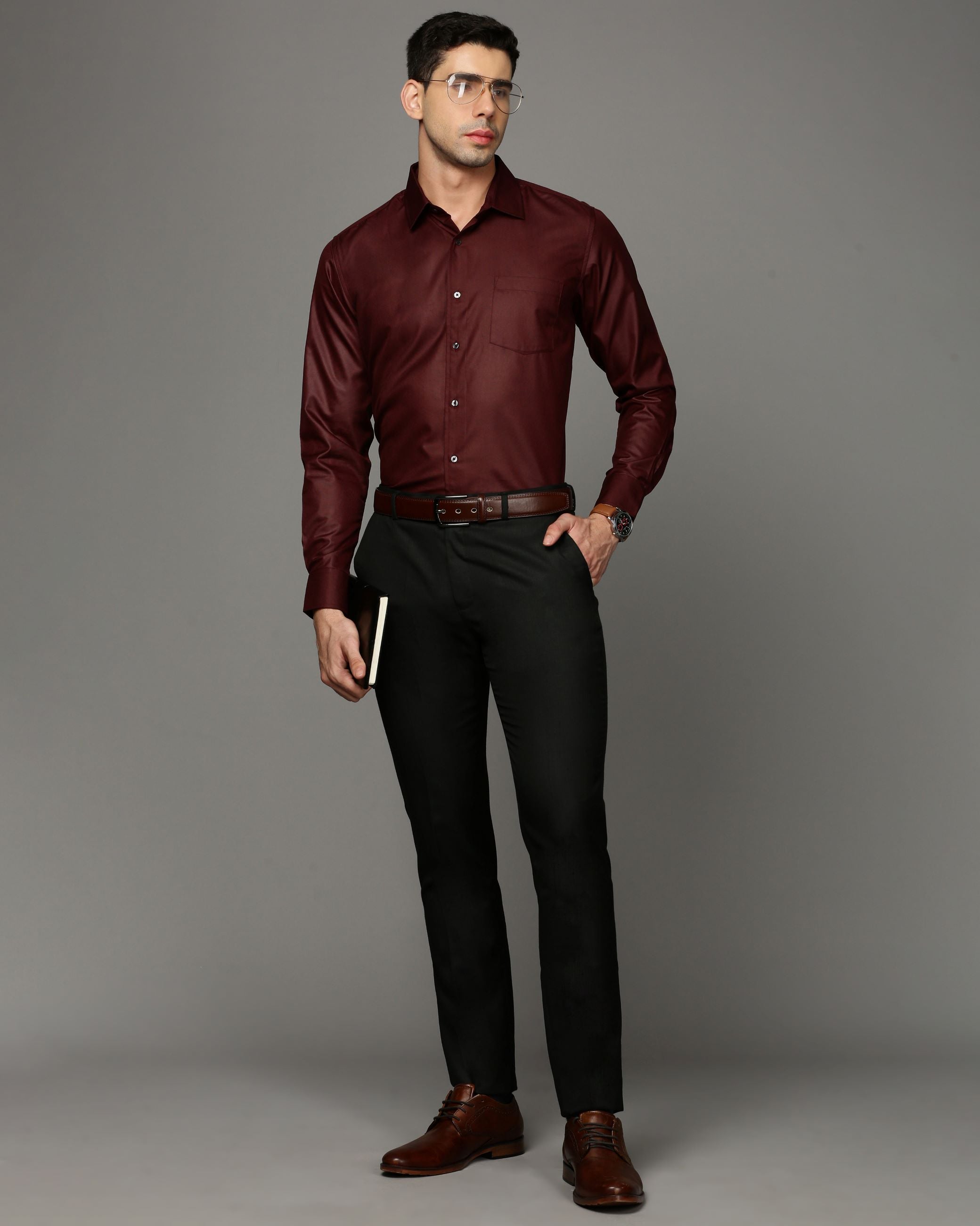 Men Maroon Cotton Blend Slim Shirt