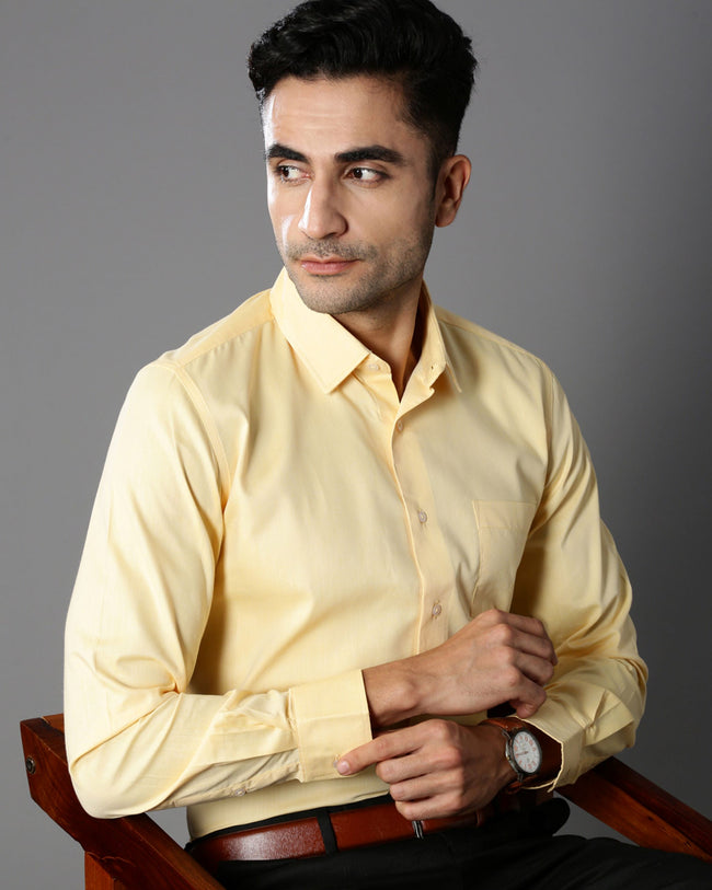 Men Yellow Cotton Blend Slim Shirt