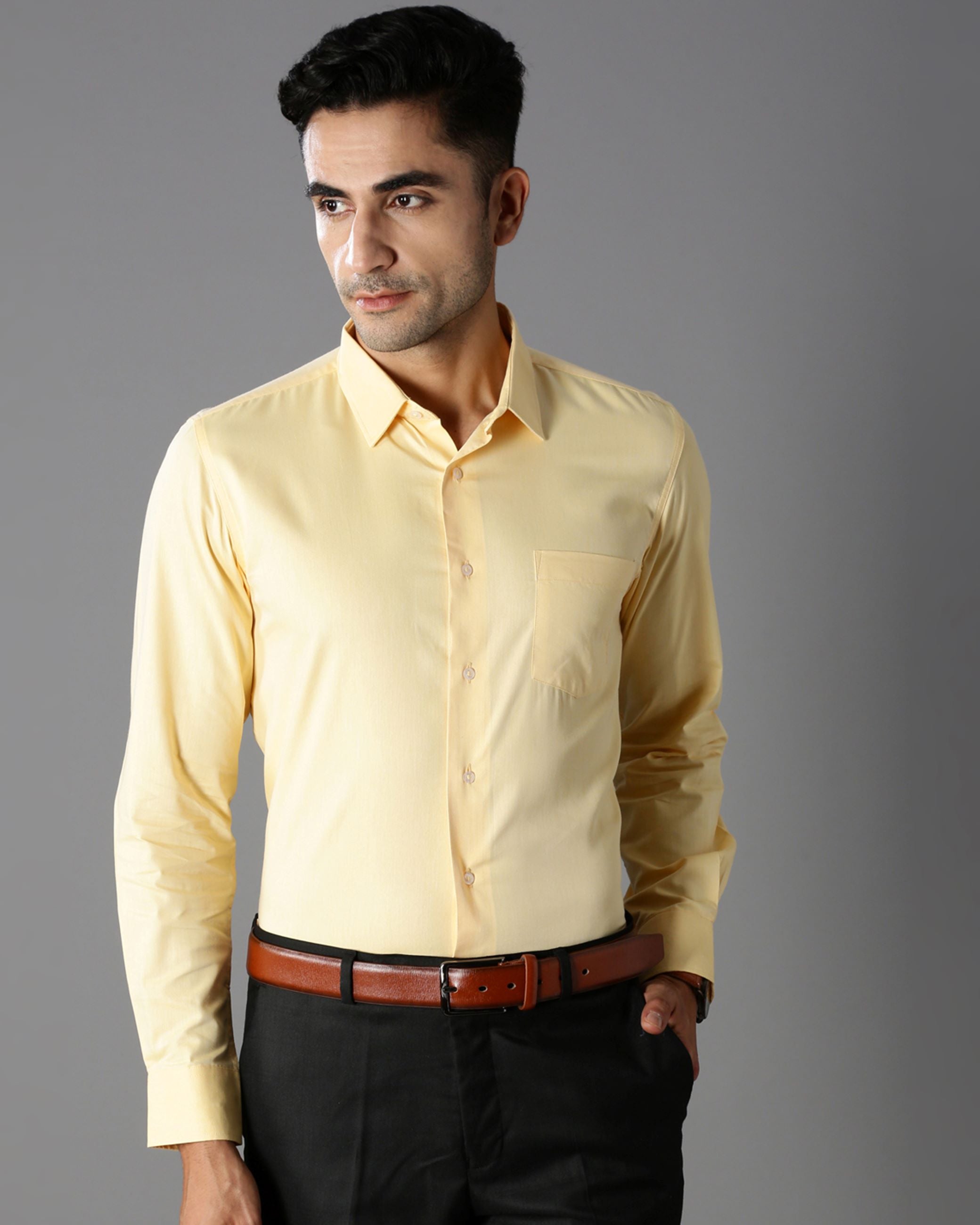 Men Yellow Cotton Blend Slim Shirt