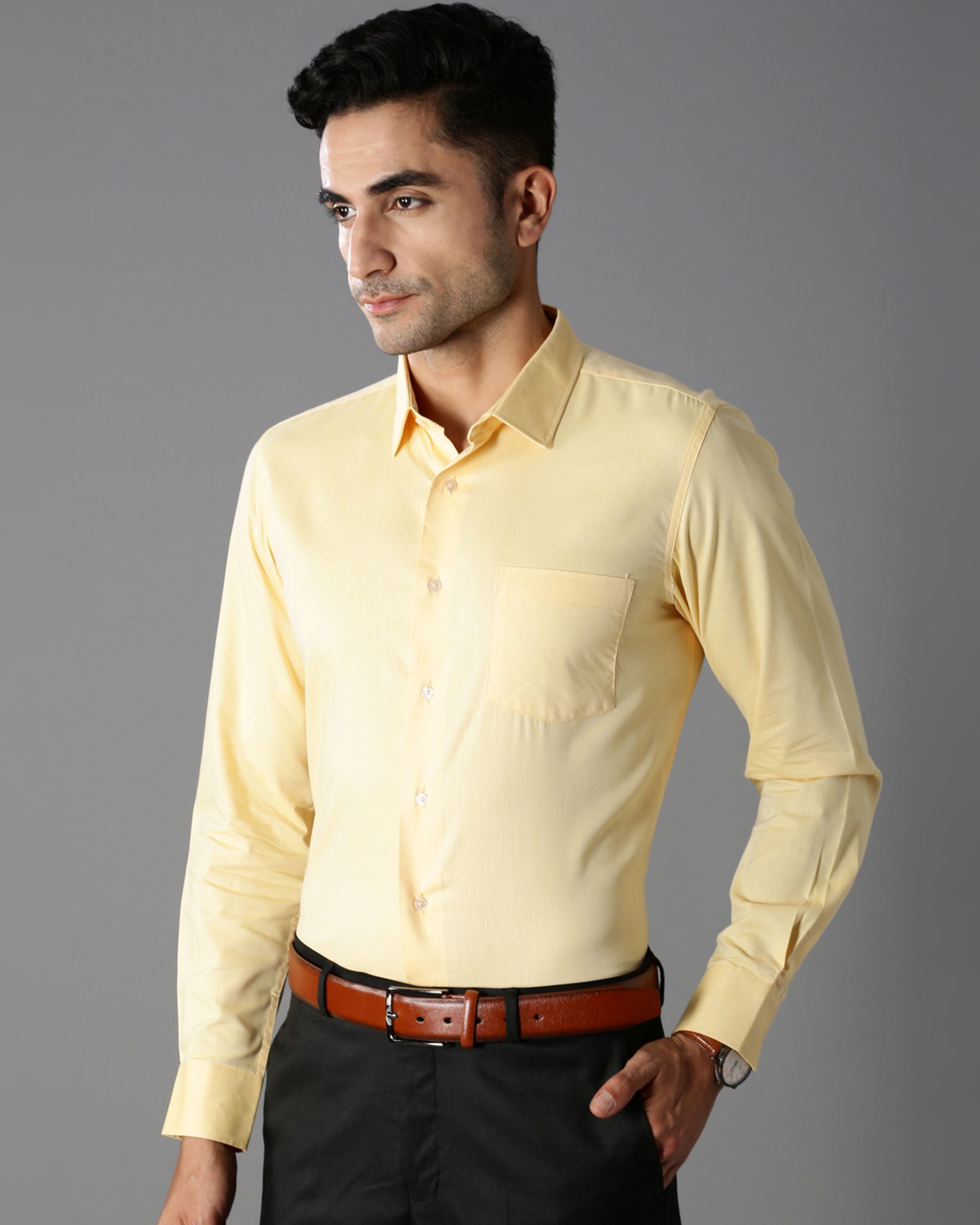 Men Yellow Cotton Blend Slim Shirt
