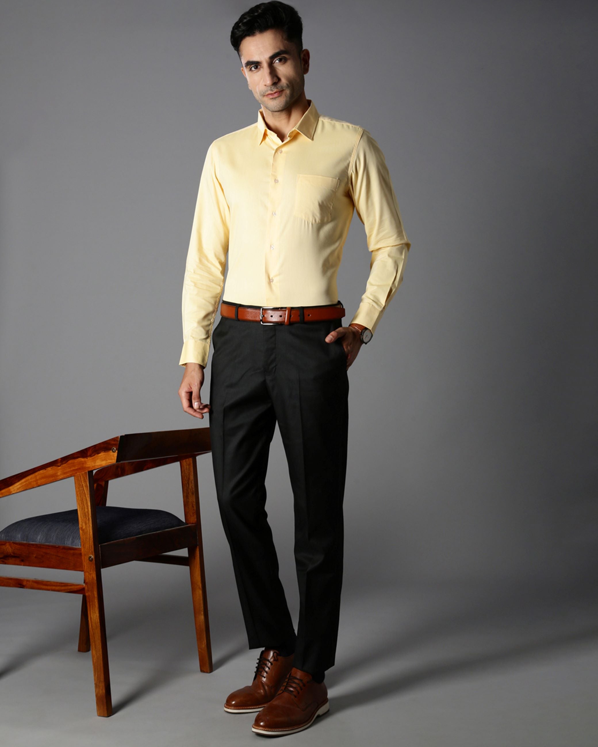 Men Yellow Cotton Blend Slim Shirt