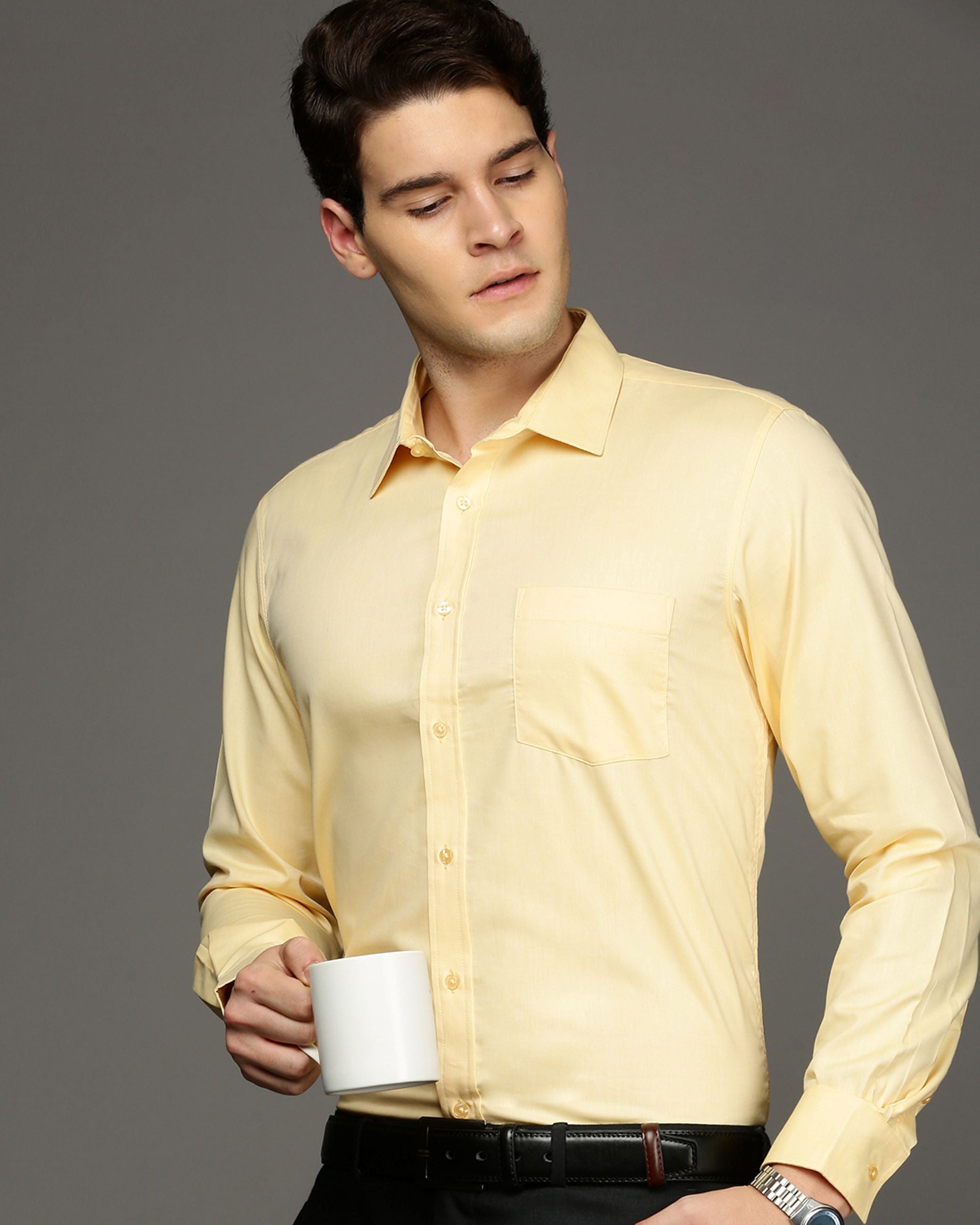 Men Yellow Cotton Blend Slim Shirt