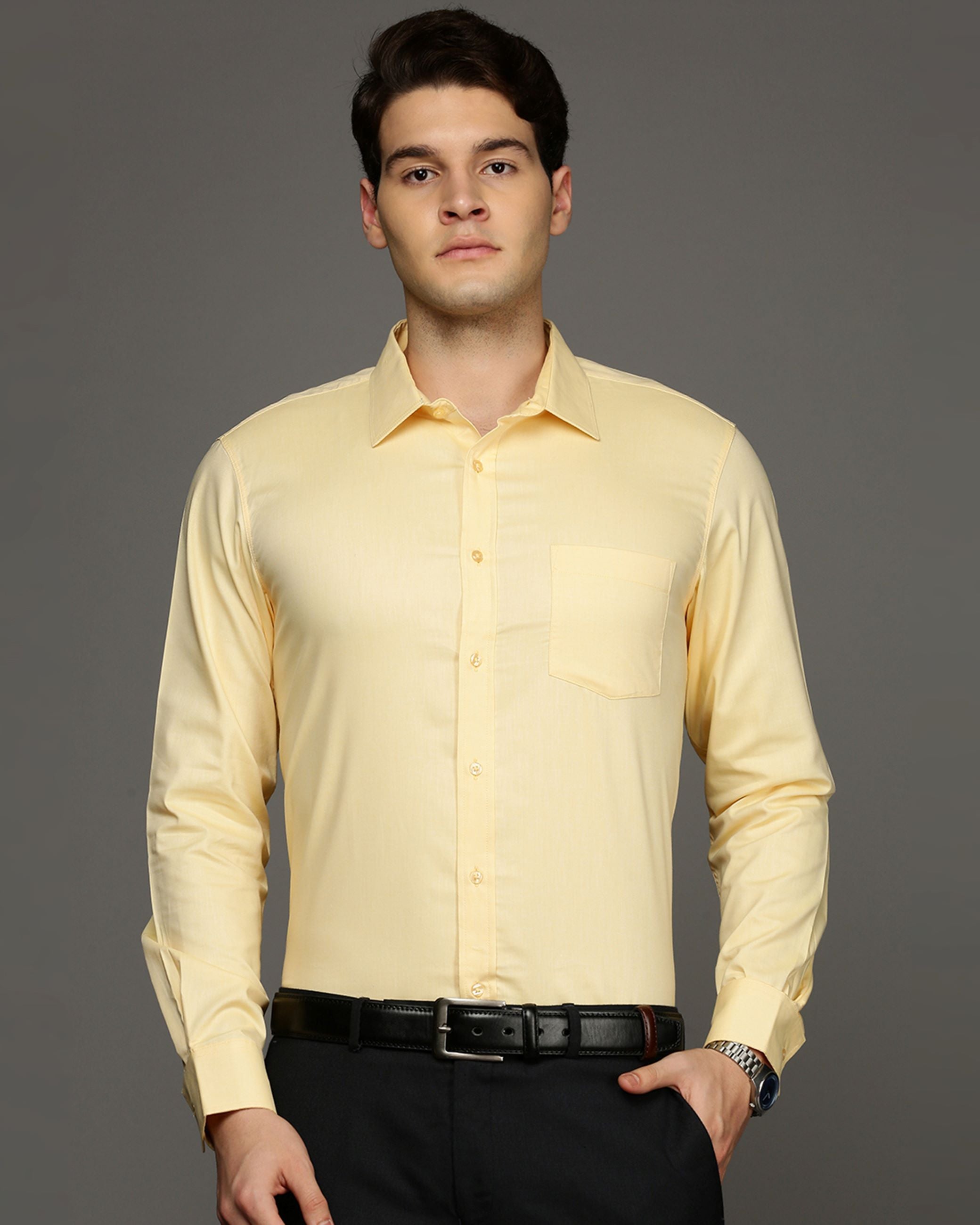 Men Yellow Cotton Blend Slim Shirt