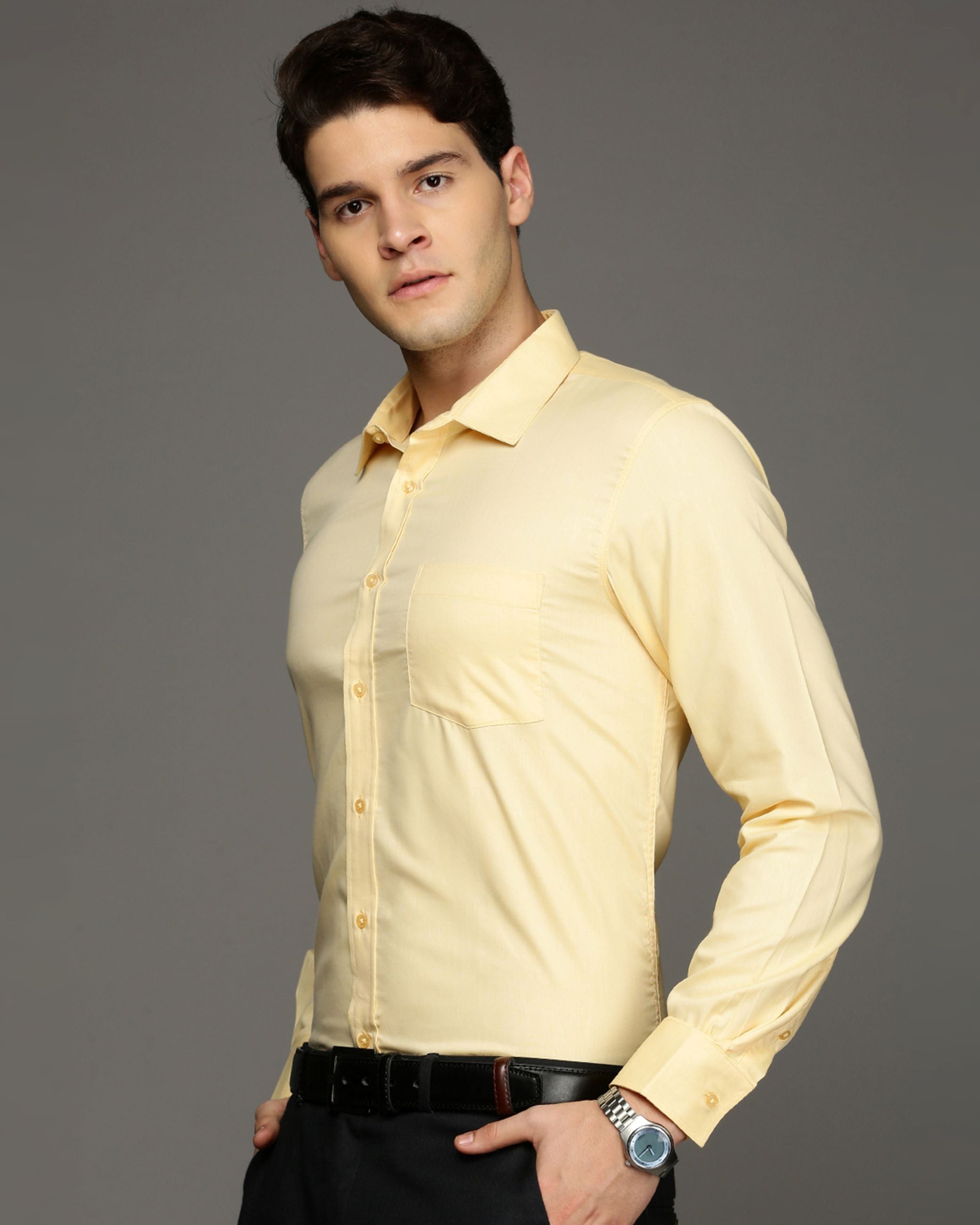 Men Yellow Cotton Blend Slim Shirt