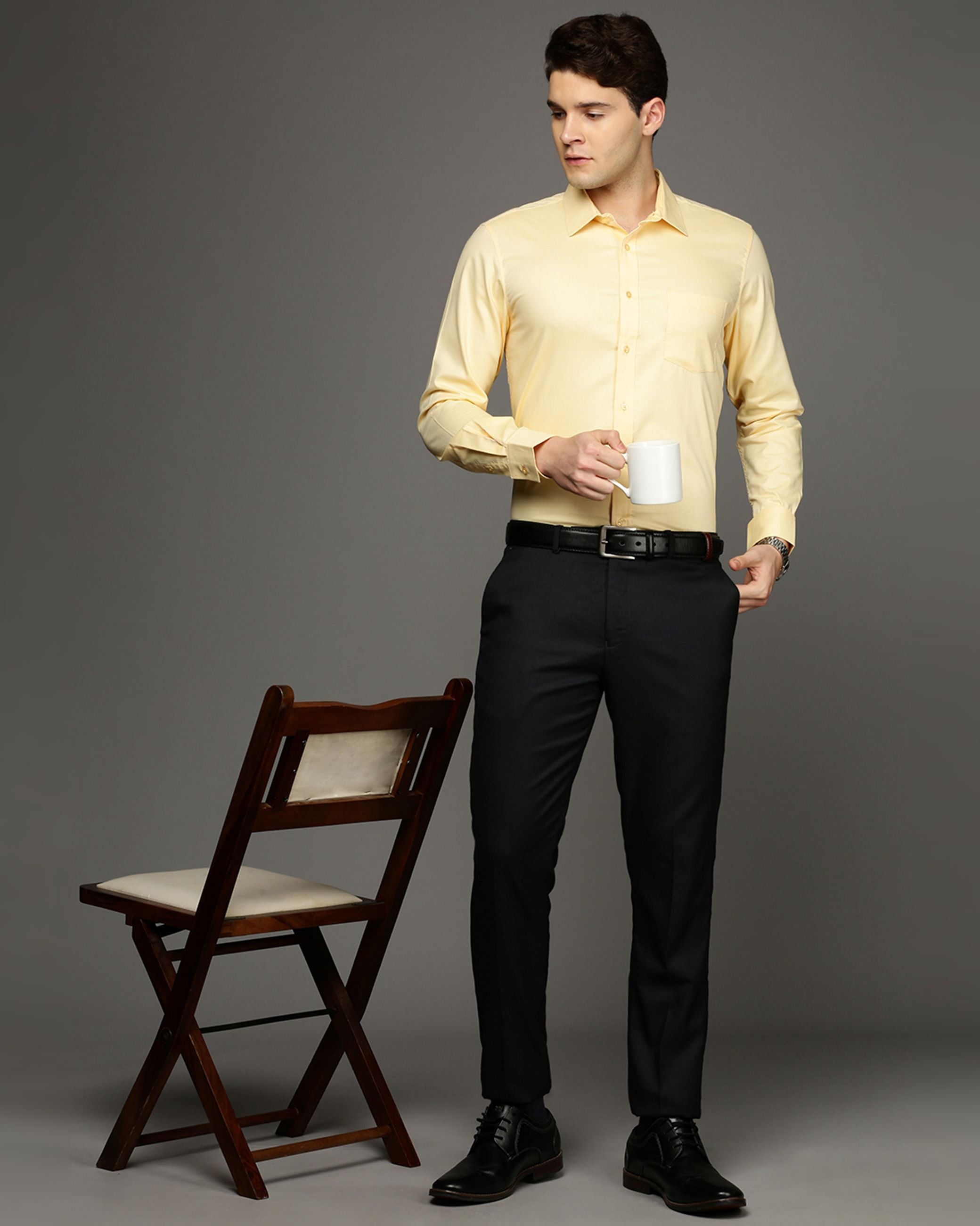 Men Yellow Cotton Blend Slim Shirt