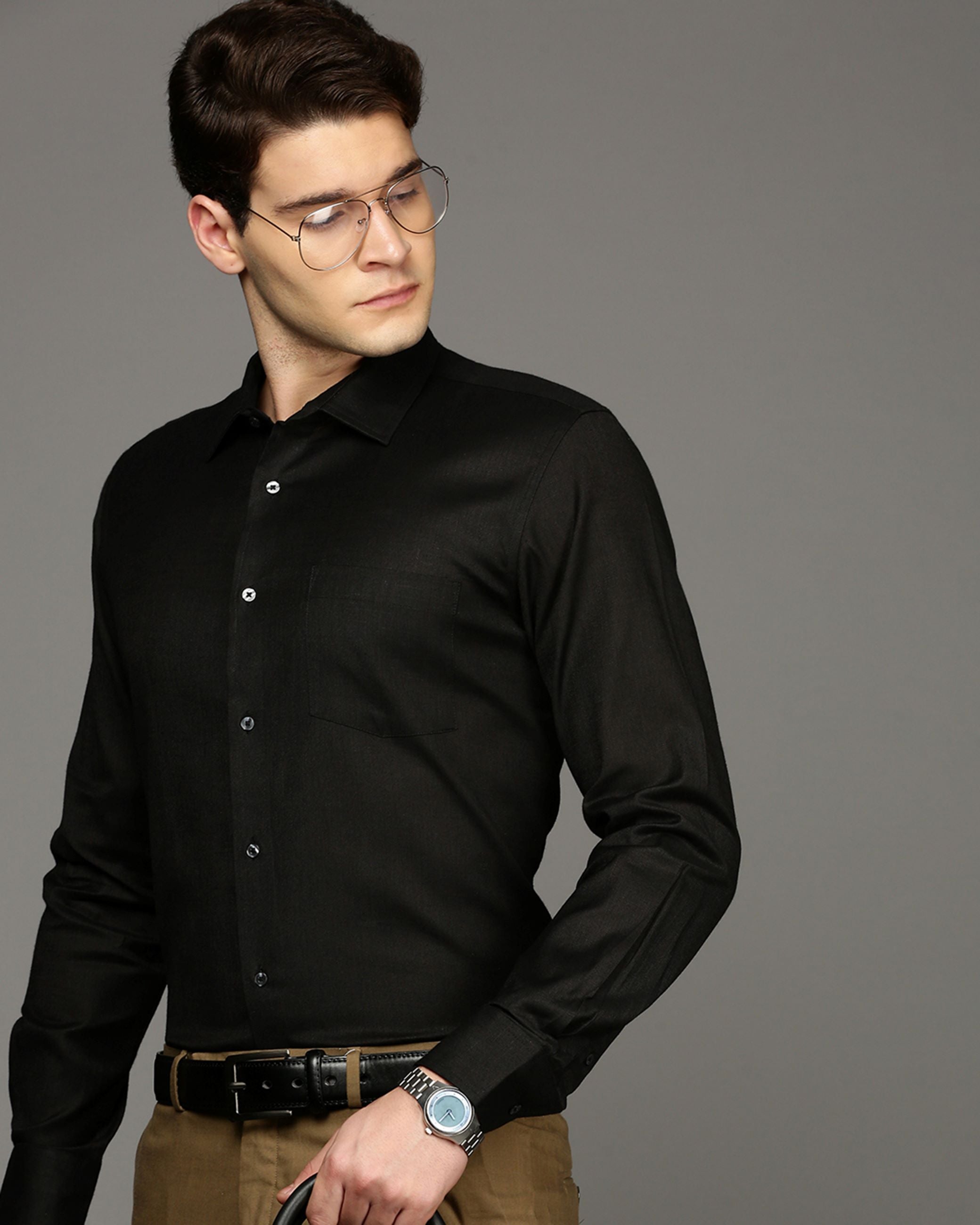 Men Black Cotton Blend Slim Shirt