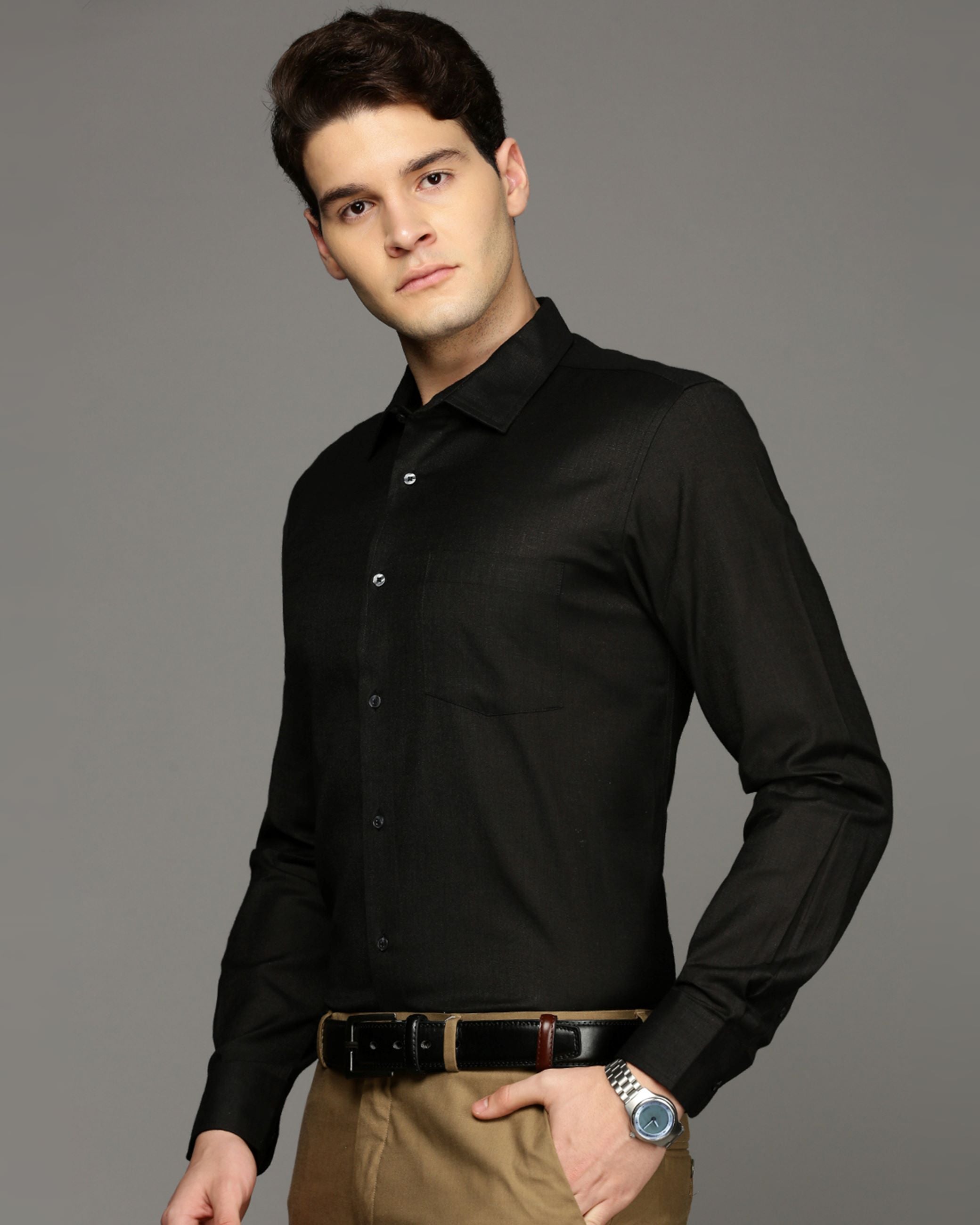 Men Black Cotton Blend Slim Shirt