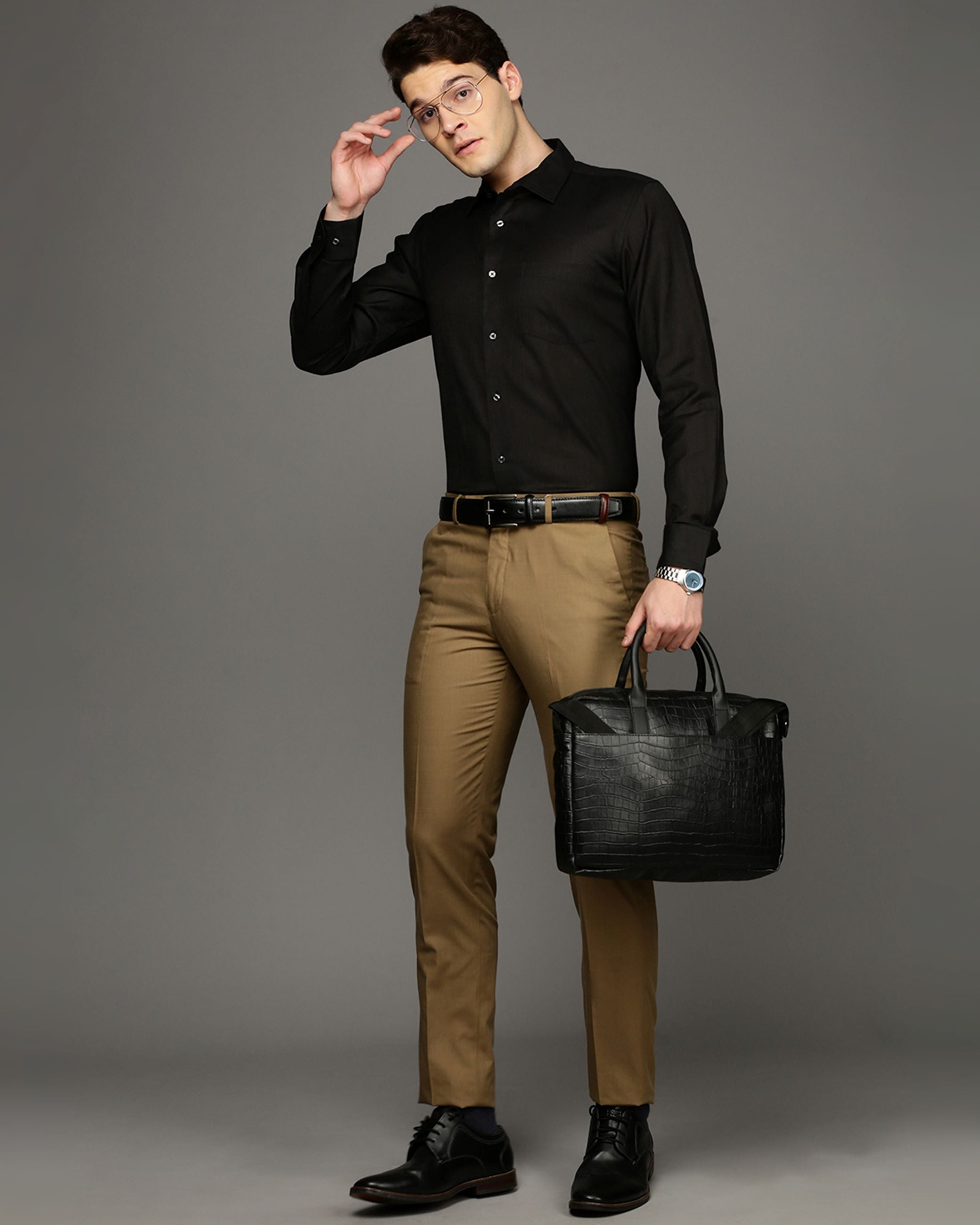 Men Black Cotton Blend Slim Shirt