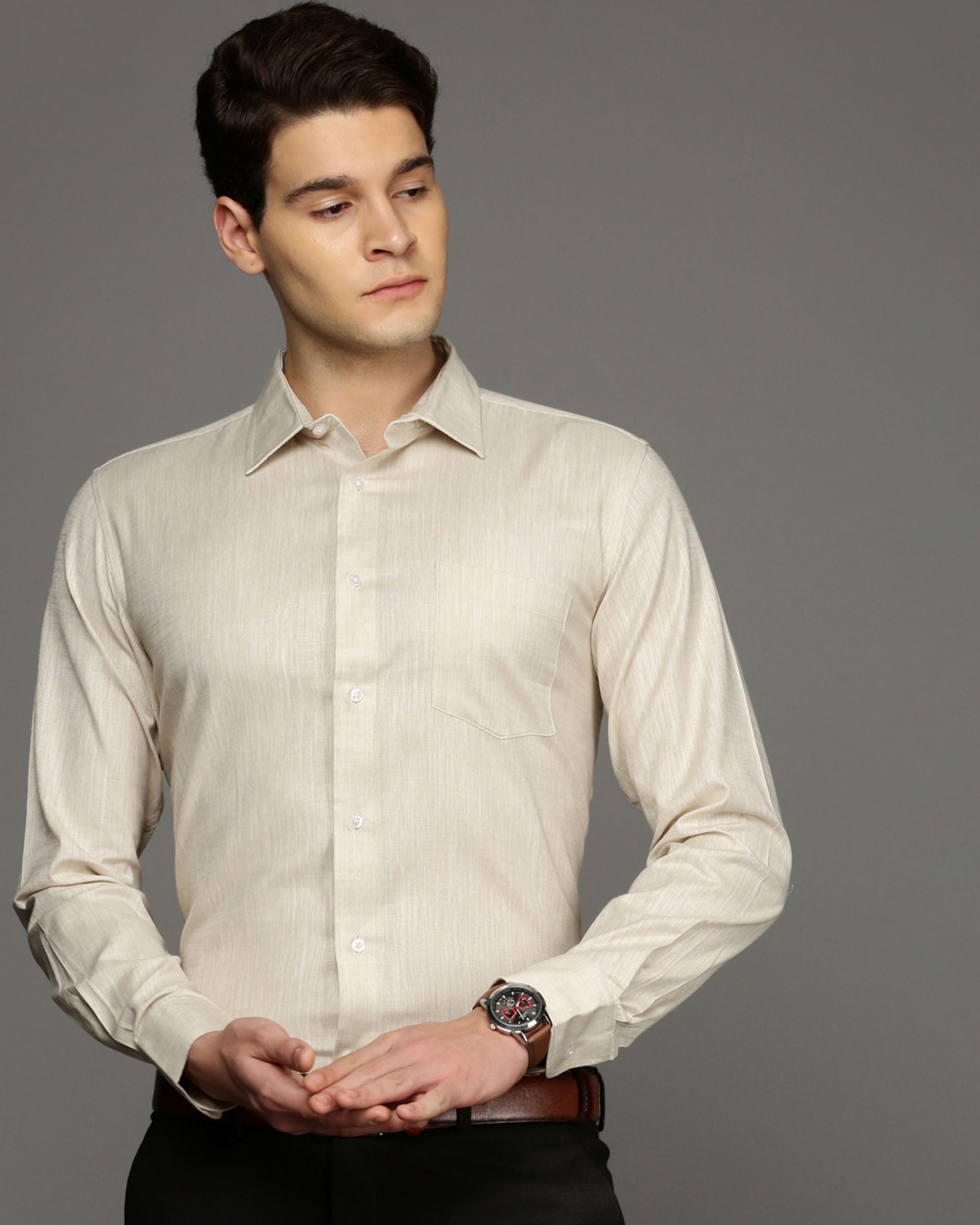 Men Beige Cotton Blend Slim Shirt