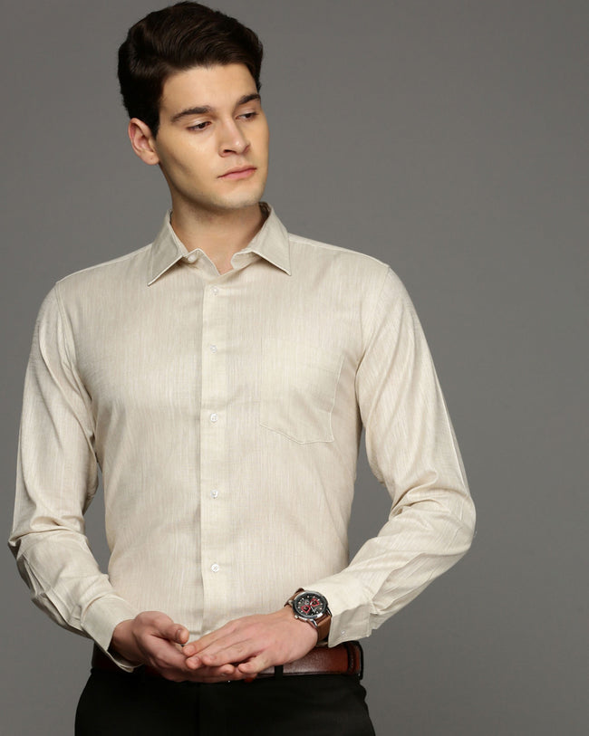 Men Beige Cotton Blend Slim Shirt