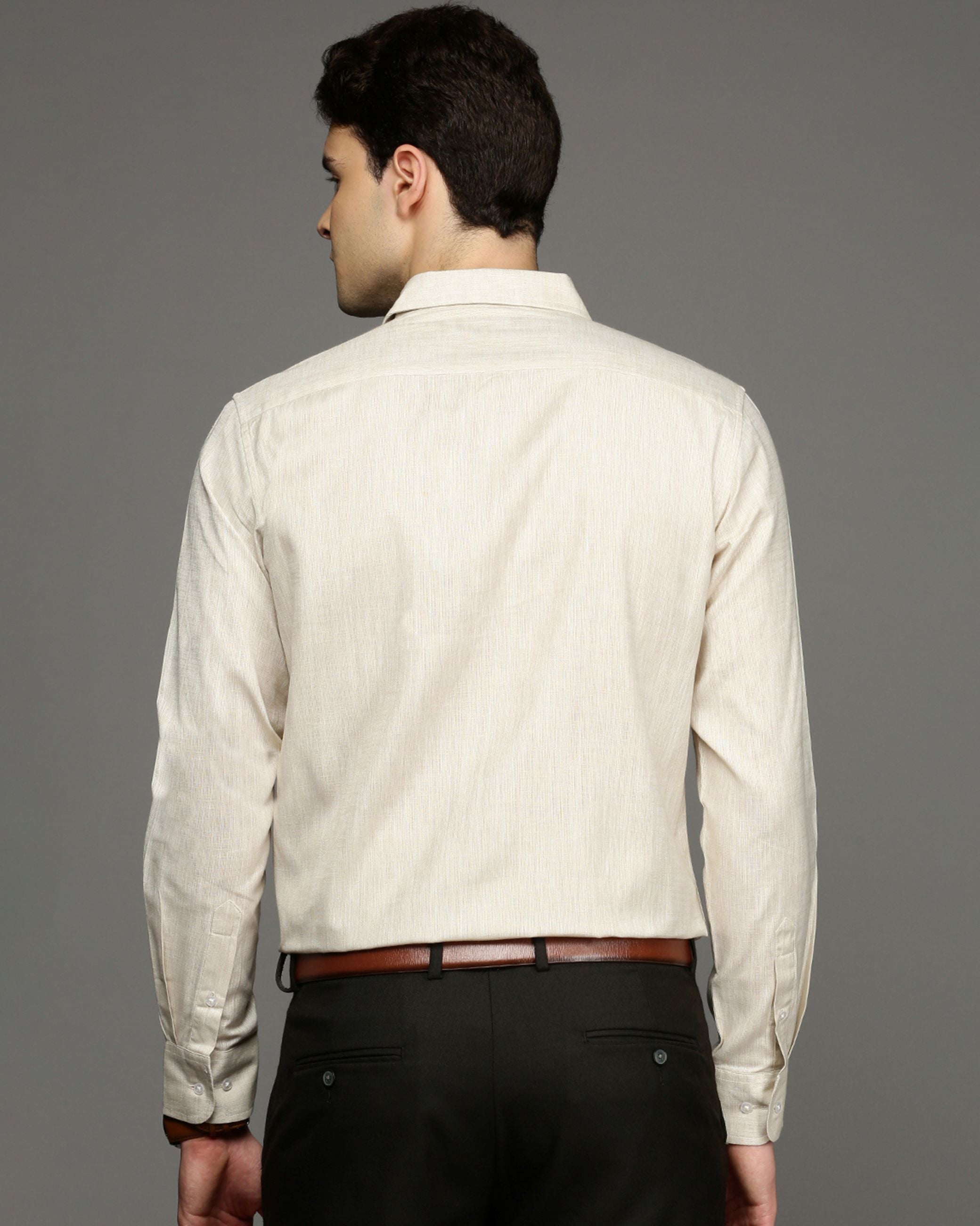 Men Beige Cotton Blend Slim Shirt