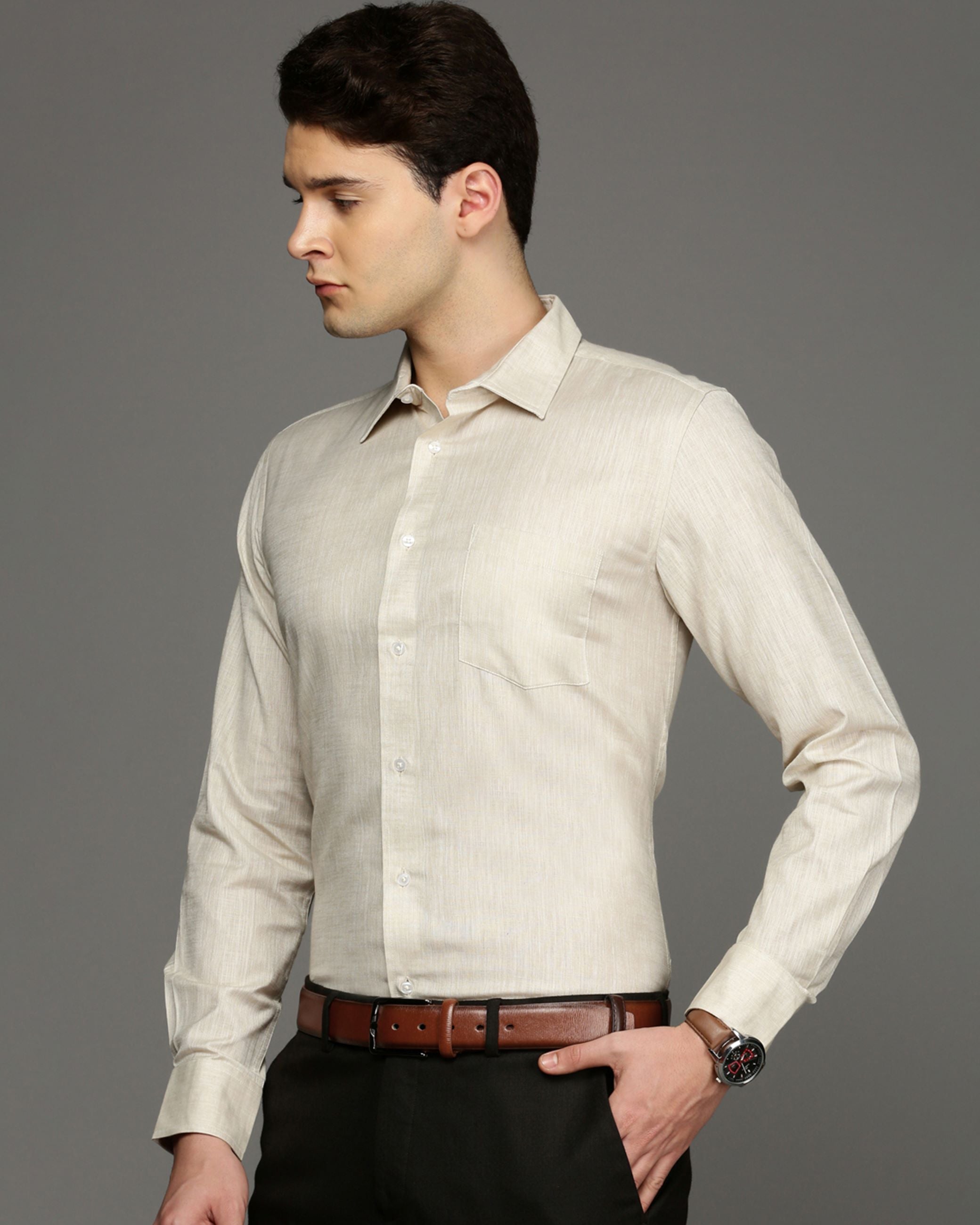 Men Beige Cotton Blend Slim Shirt