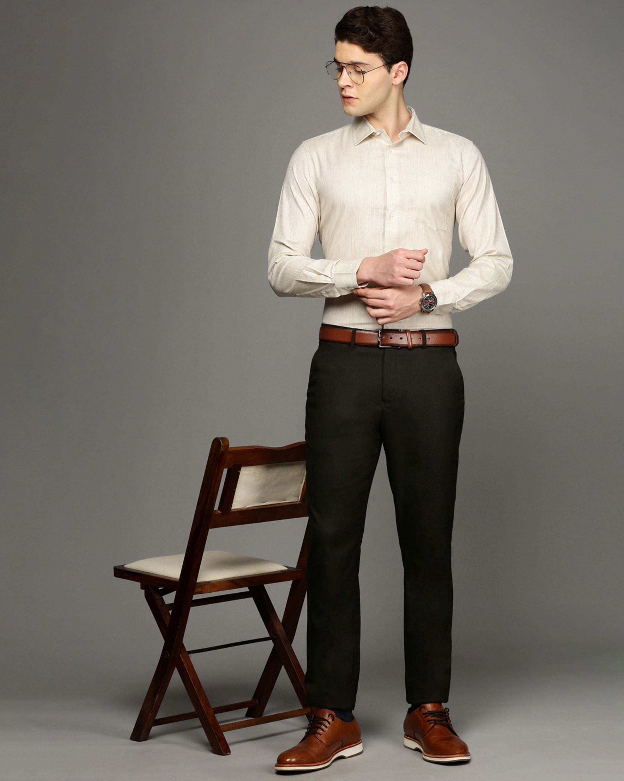 Men Beige Cotton Blend Slim Shirt