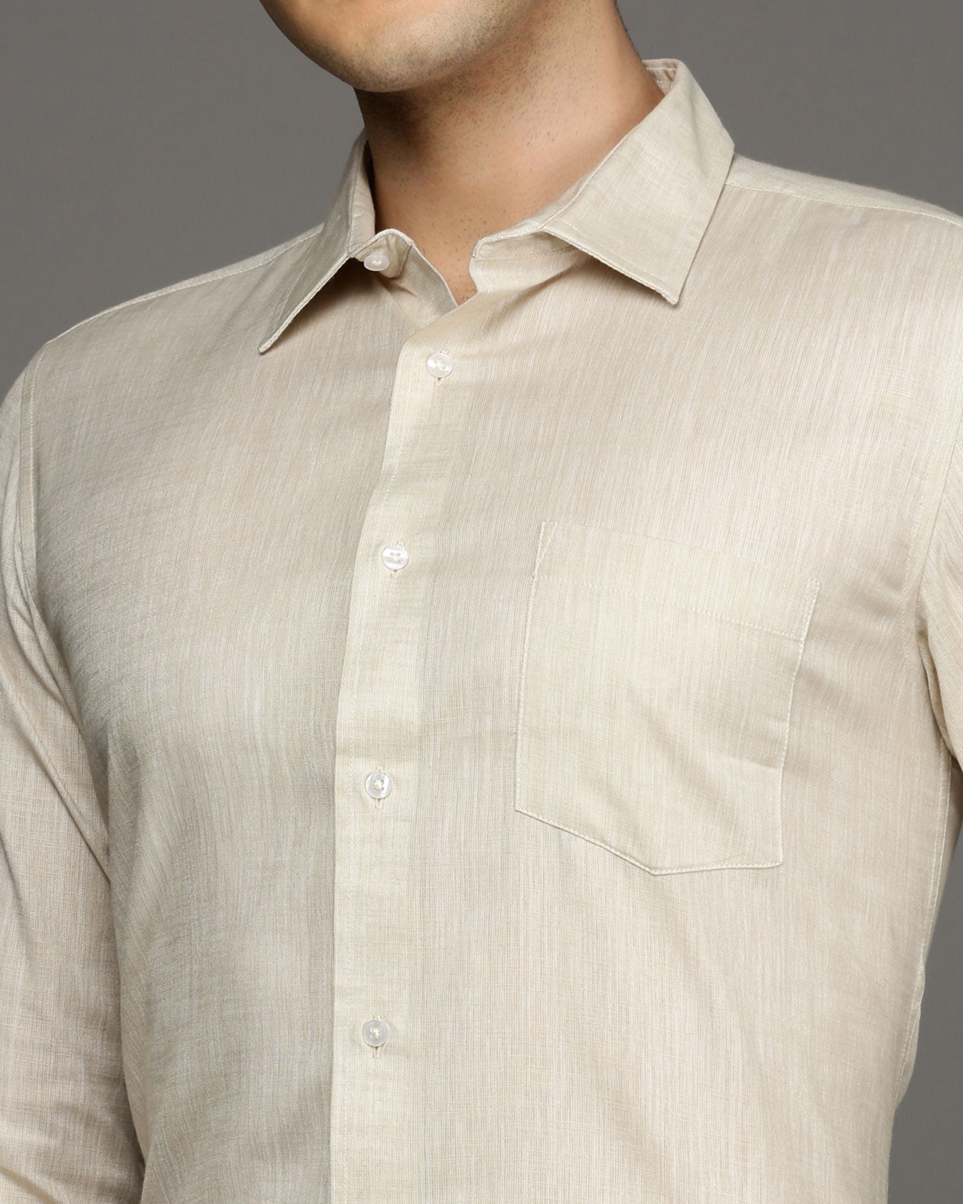 Men Beige Cotton Blend Slim Shirt