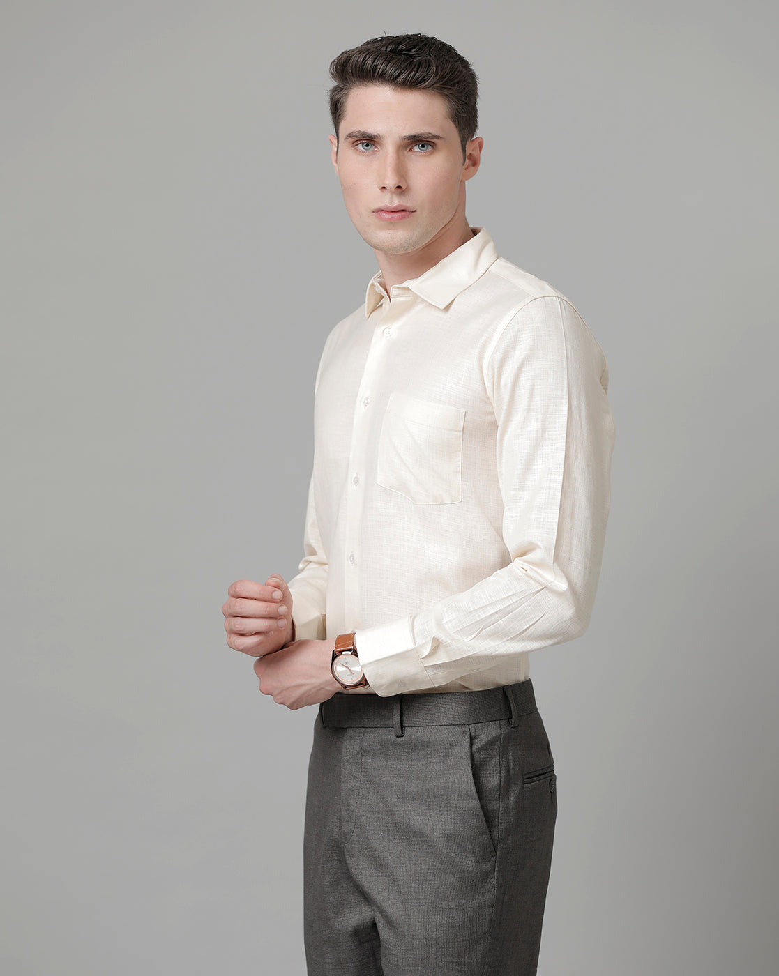 Men Beige Cotton Blend Slim Shirt