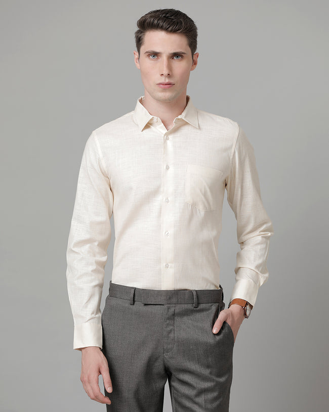 Men Beige Cotton Blend Slim Shirt
