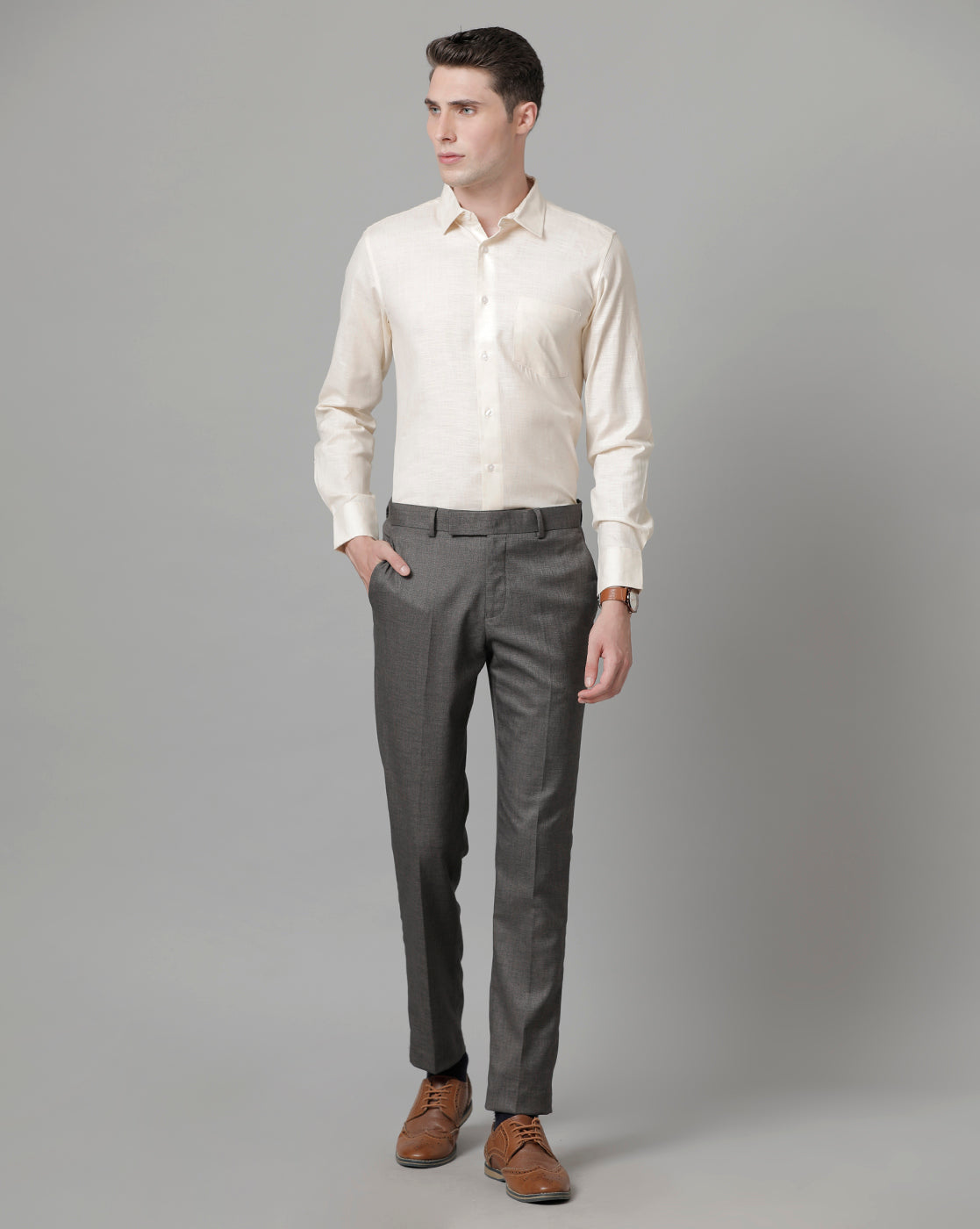 Men Beige Cotton Blend Slim Shirt