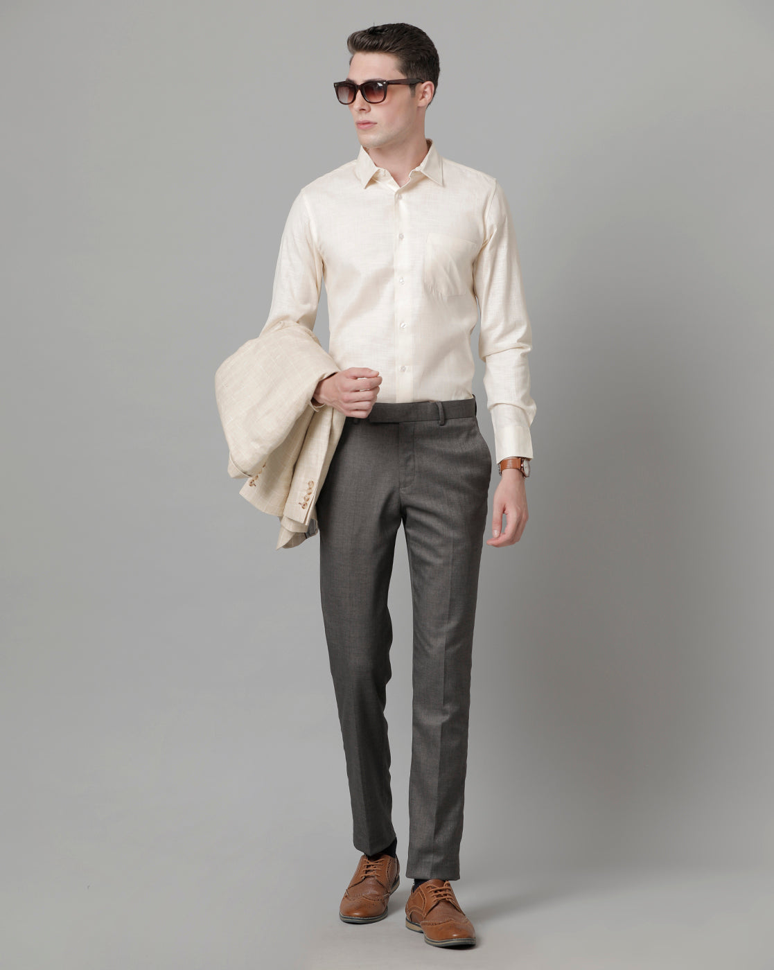 Men Beige Cotton Blend Slim Shirt