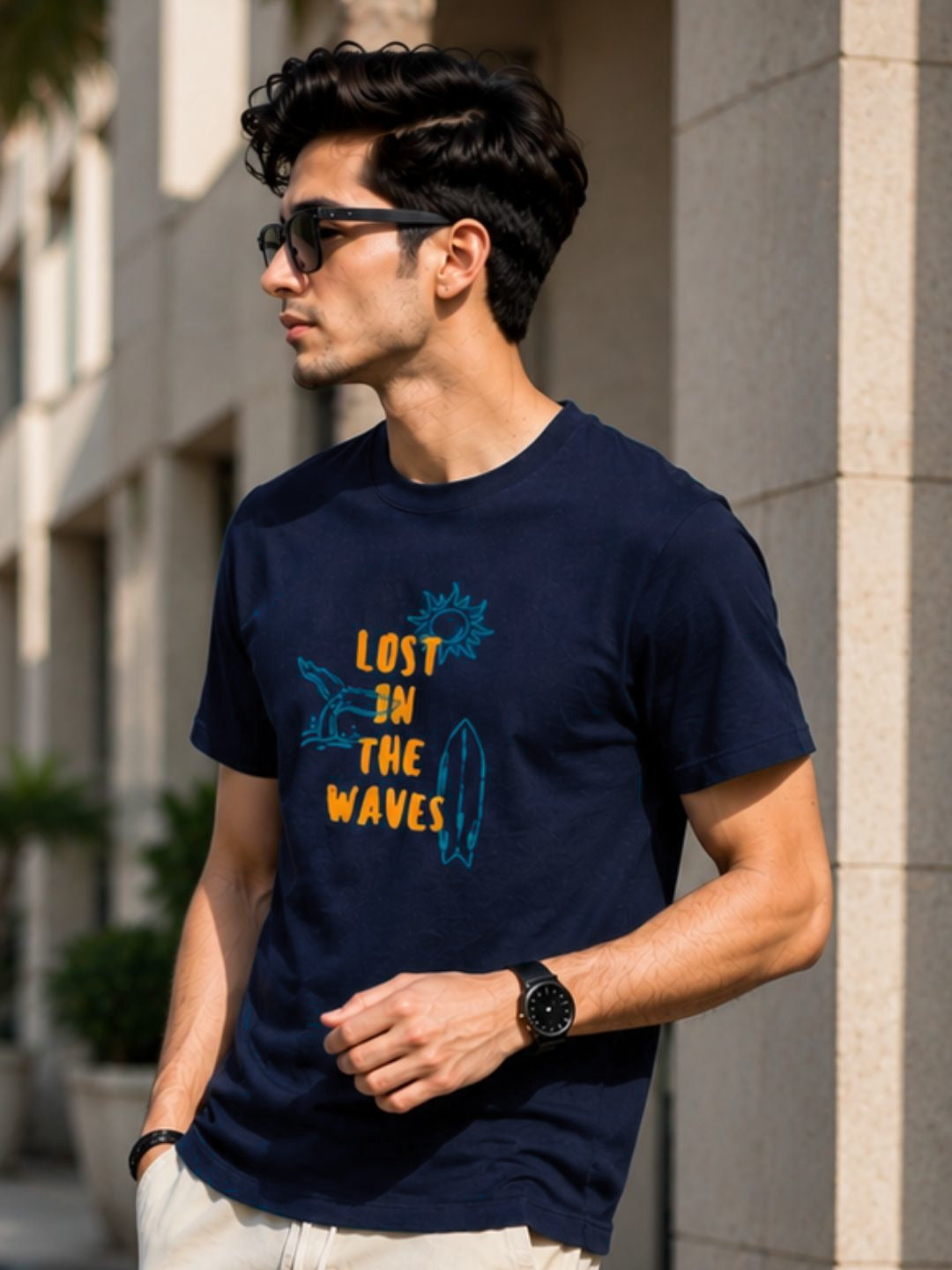 Men Navy  Casual Printed T-Shirt