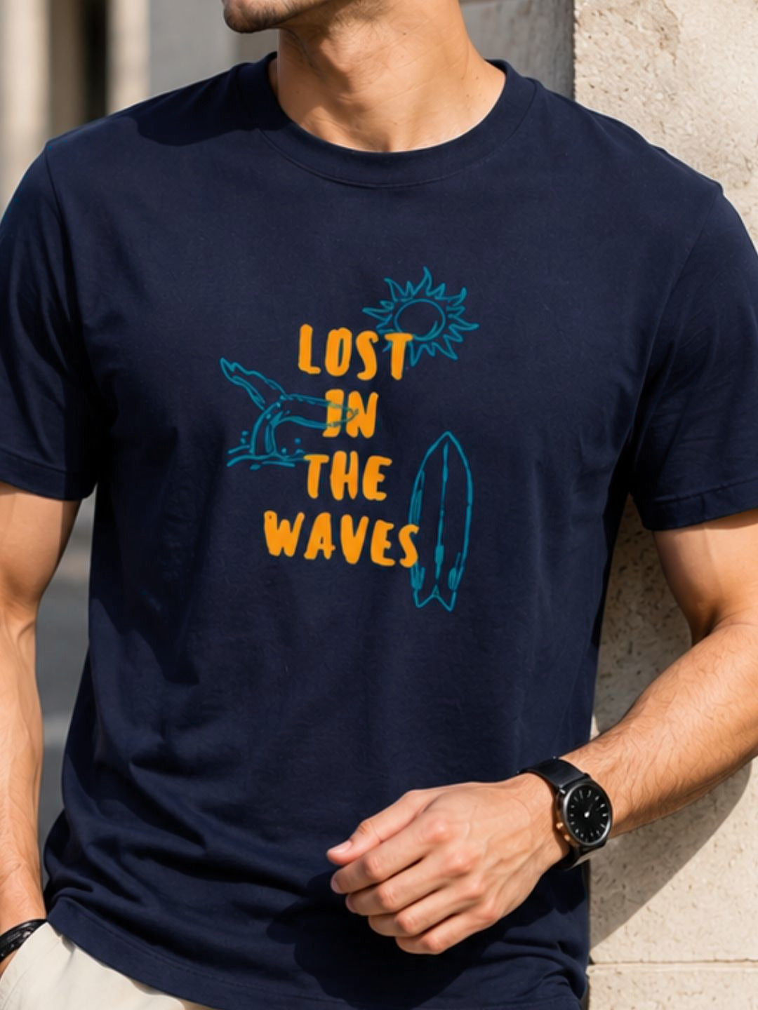 Men Navy  Casual Printed T-Shirt