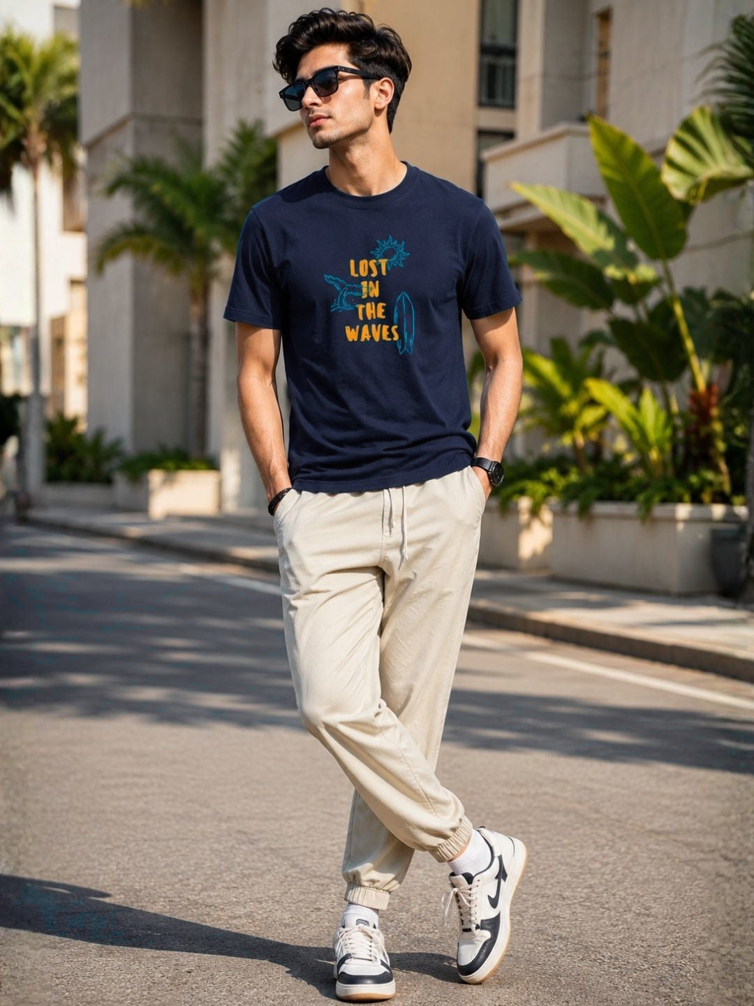 Men Navy  Casual Printed T-Shirt