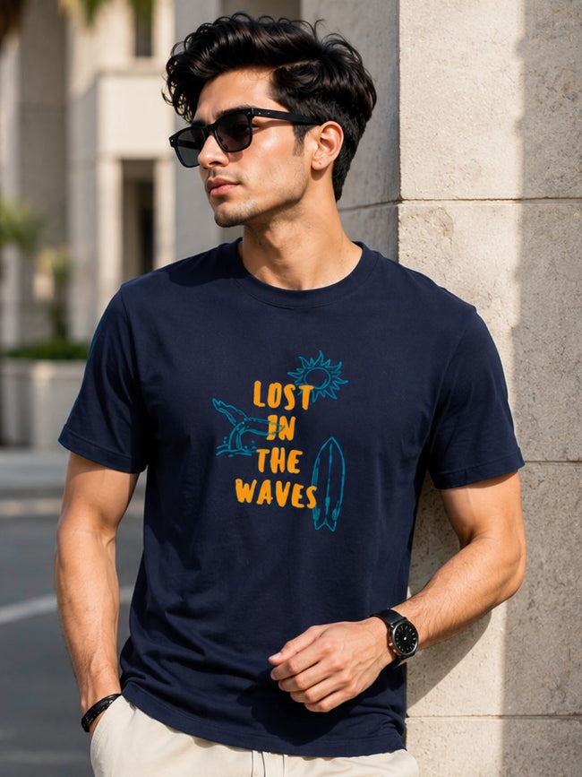 Men Navy  Casual Printed T-Shirt