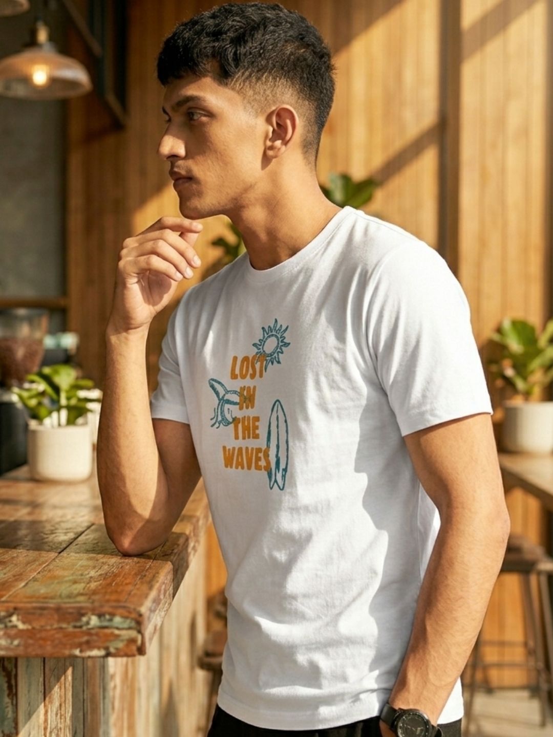 Men White Casual Printed T-Shirt