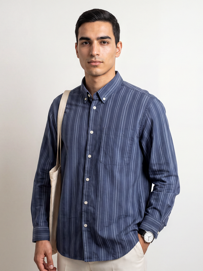 Men Navy Tonal Stripe Shirt