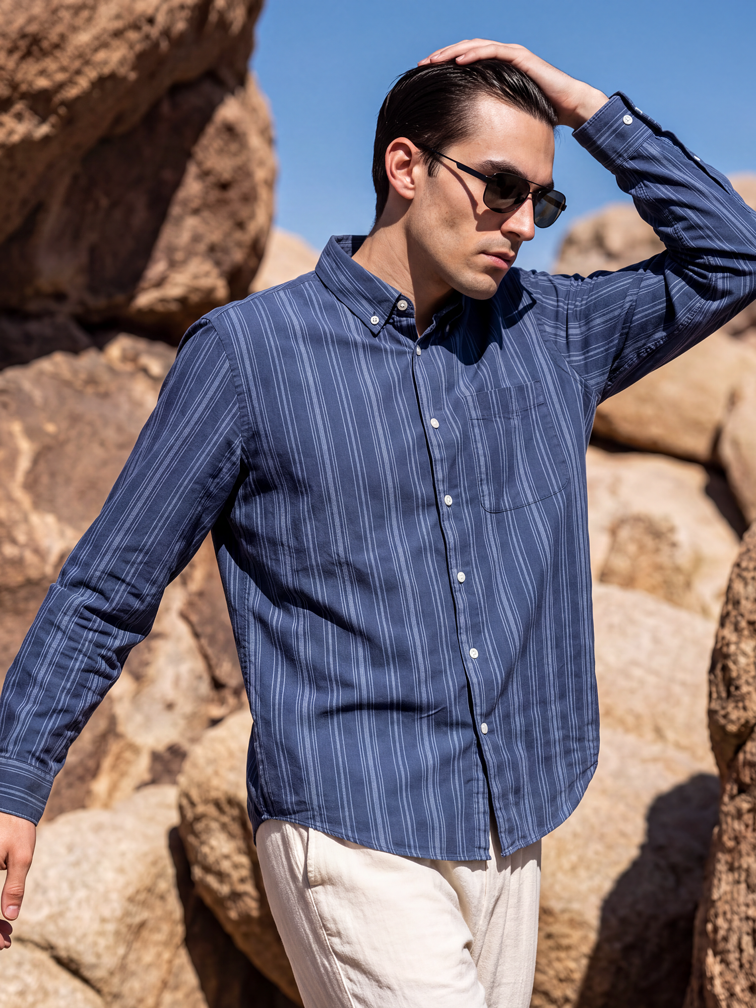 Men Navy Tonal Stripe Shirt