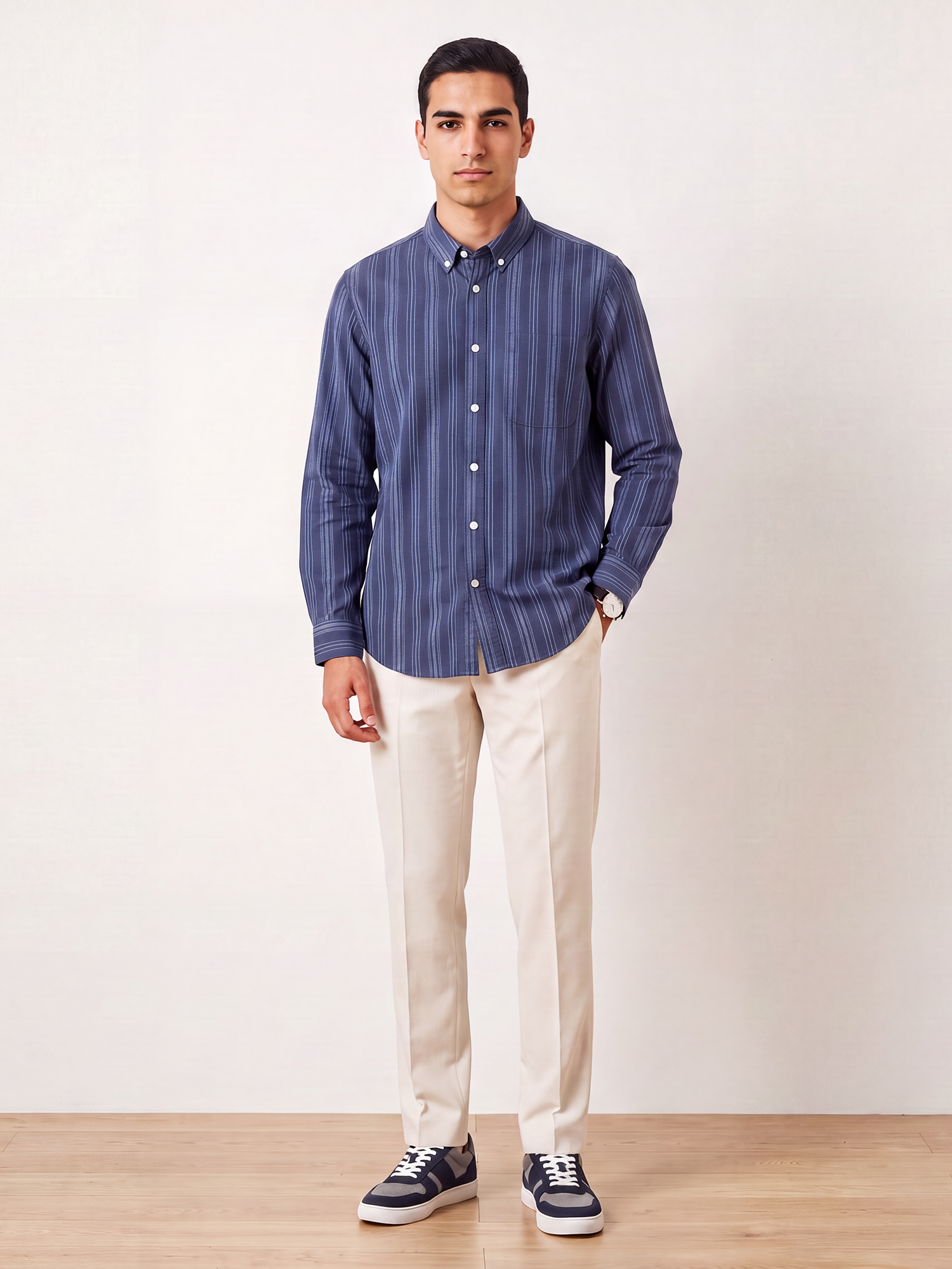 Men Navy Tonal Stripe Shirt