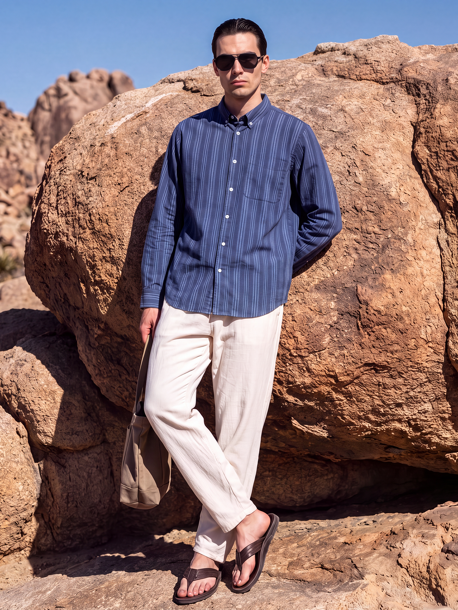 Men Navy Tonal Stripe Shirt