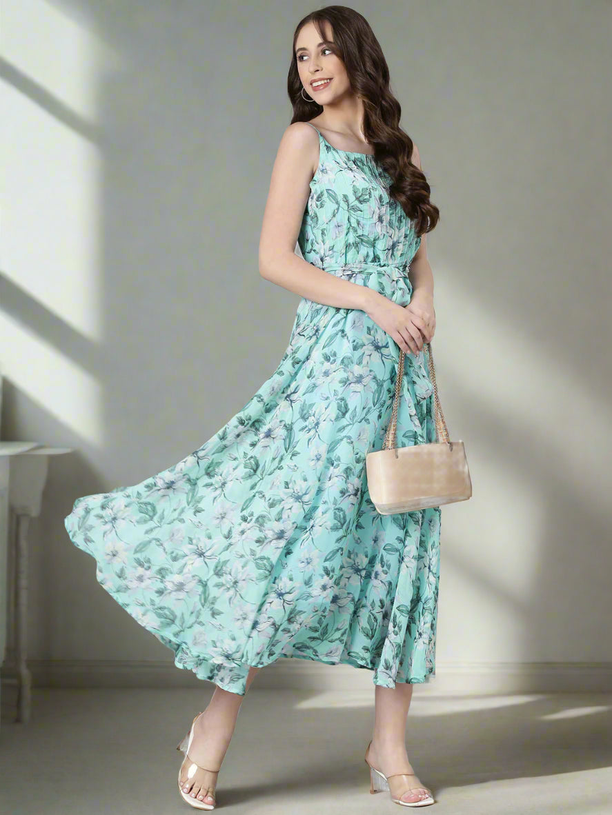 Women Blue Floral Chiffon Dress