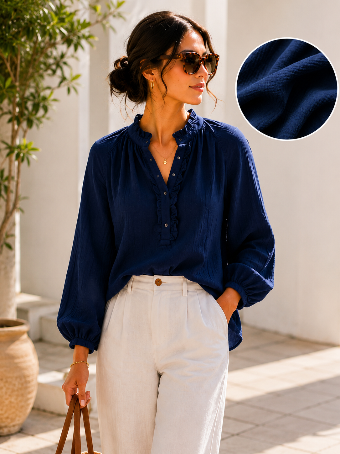 Women Navy Frilled Double Gauze Top