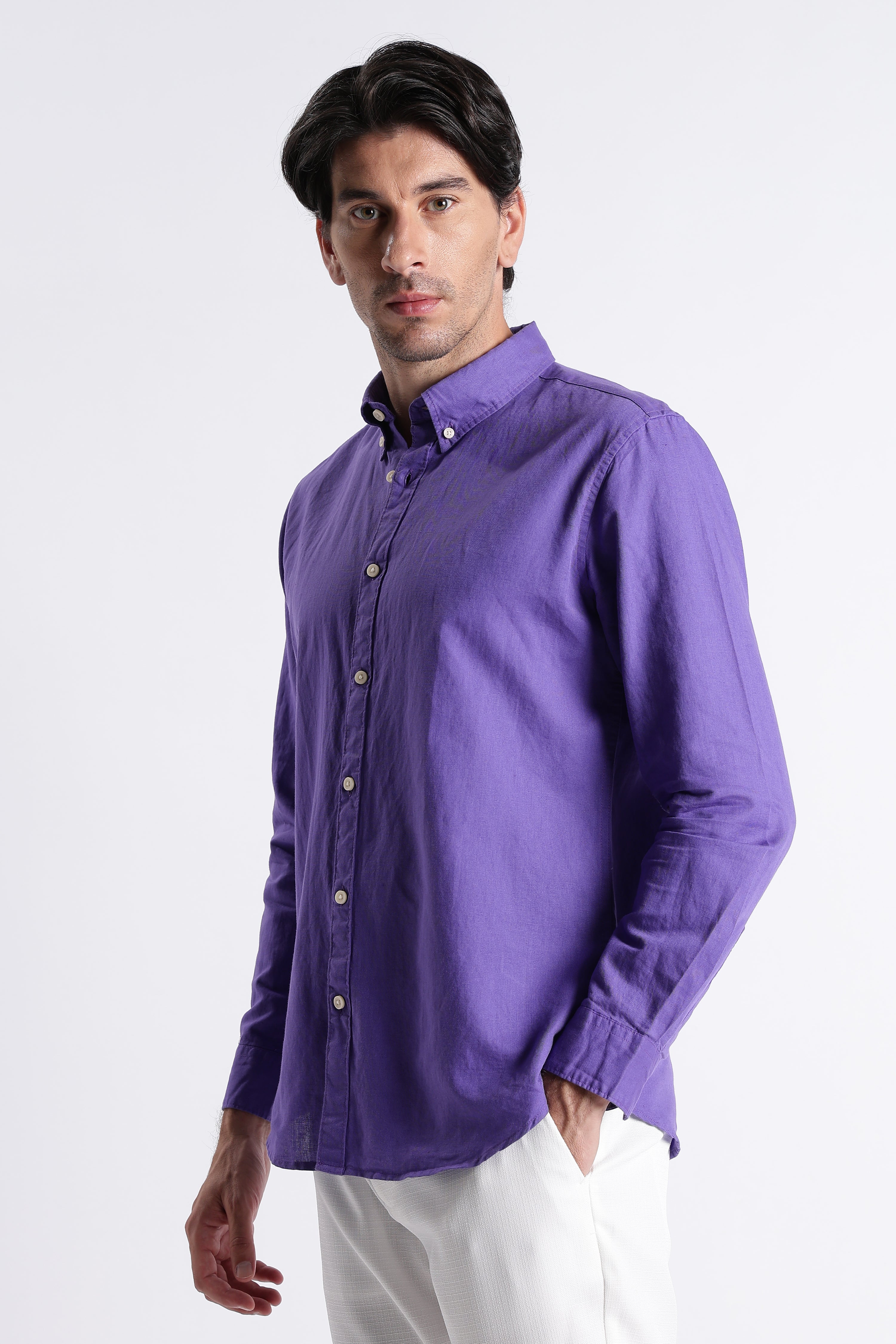 Men Premium Cotton Linen Slim Fit Solid Shirt