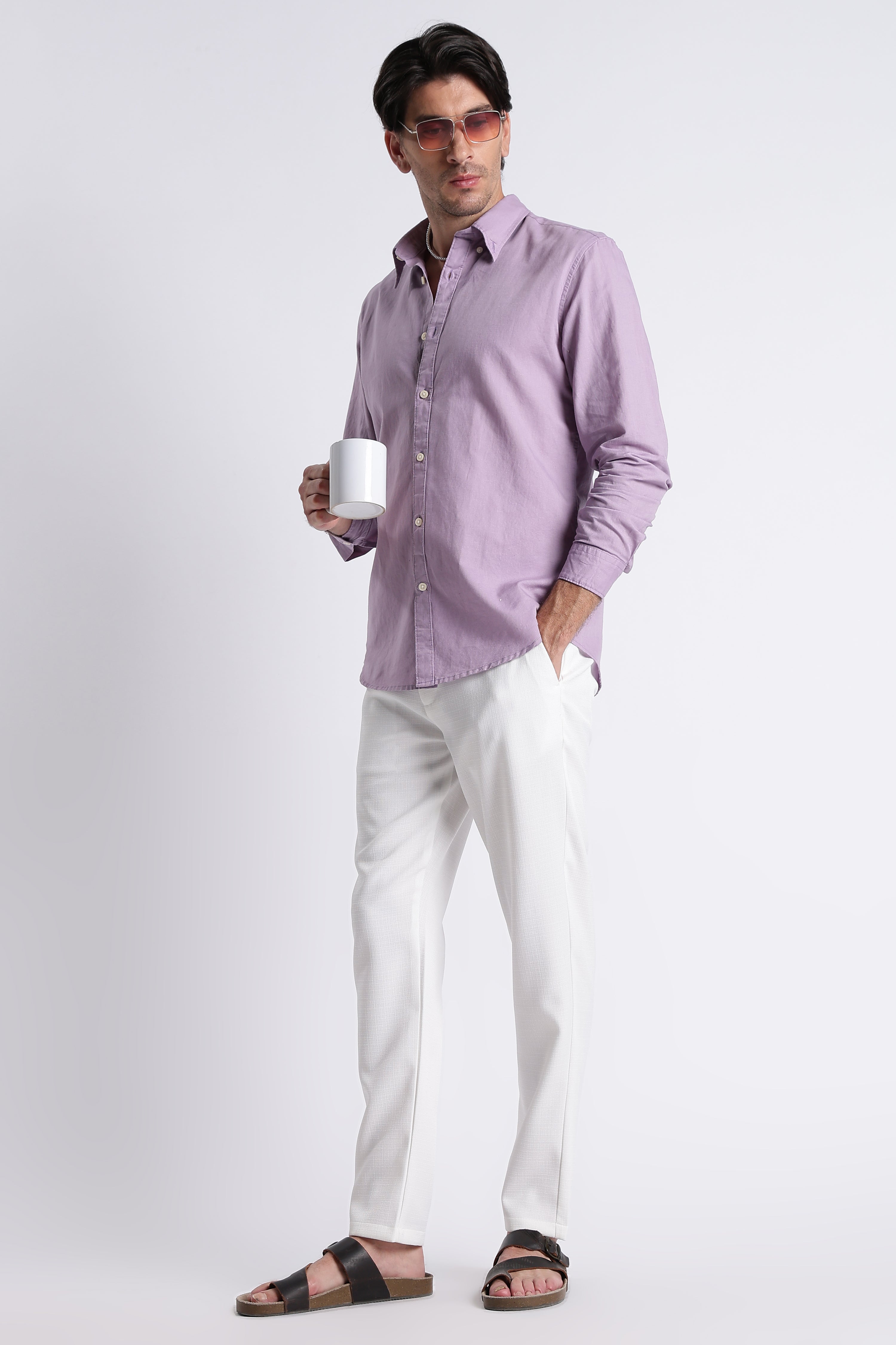Men Premium Cotton Linen Slim Fit Solid Shirt