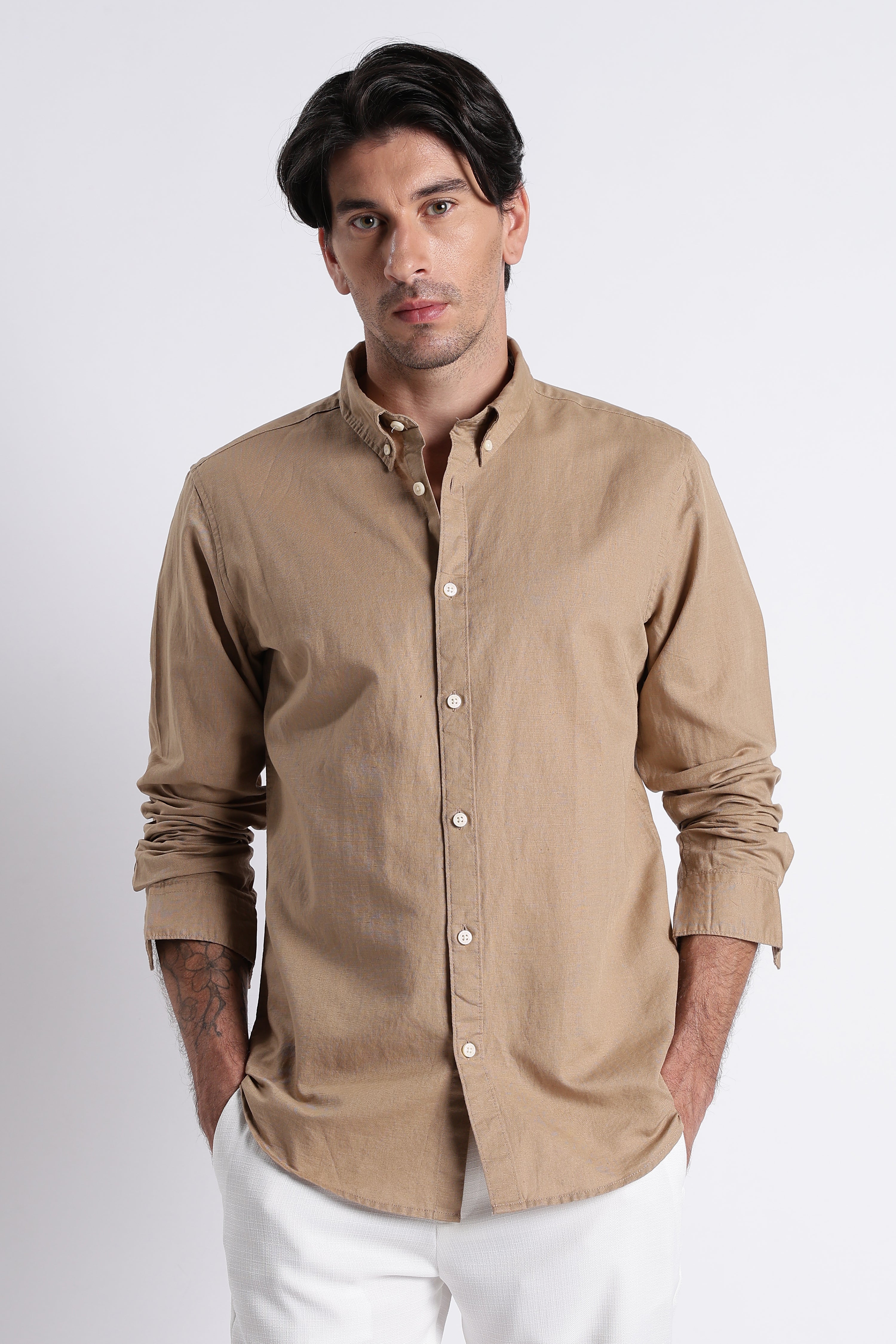 Men Premium Cotton Linen Slim Fit Solid Shirt