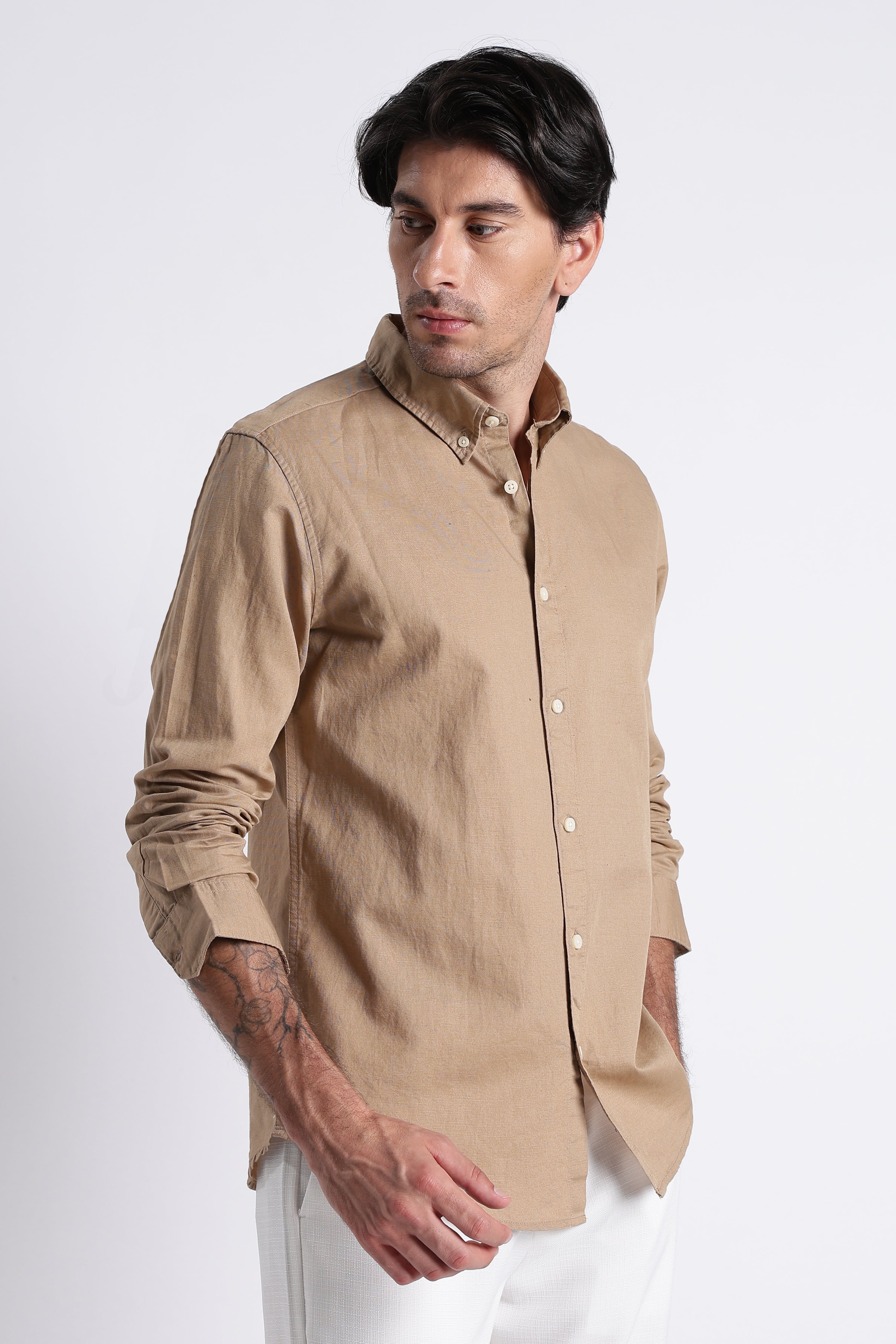Men Premium Cotton Linen Slim Fit Solid Shirt