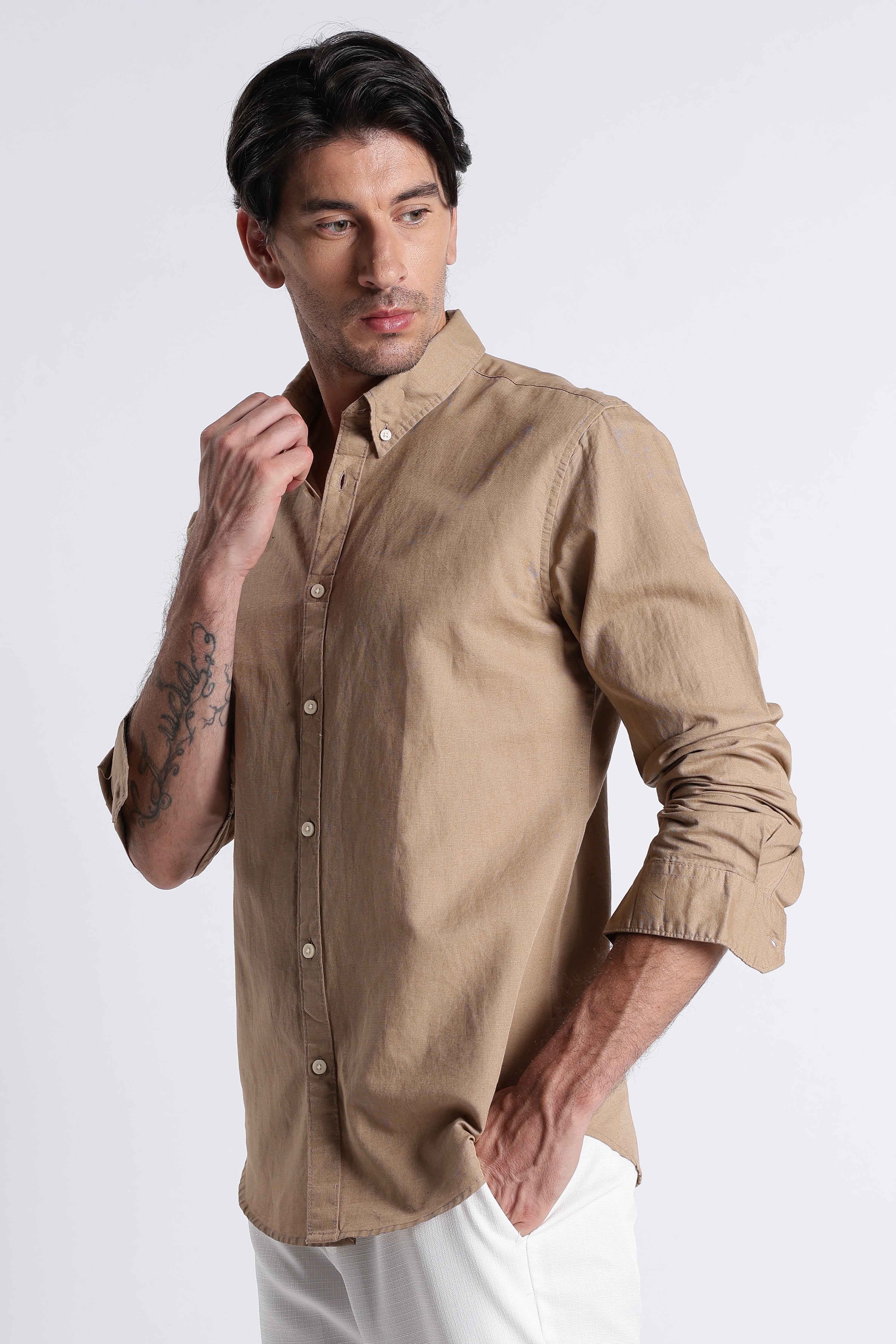Men Premium Cotton Linen Slim Fit Solid Shirt