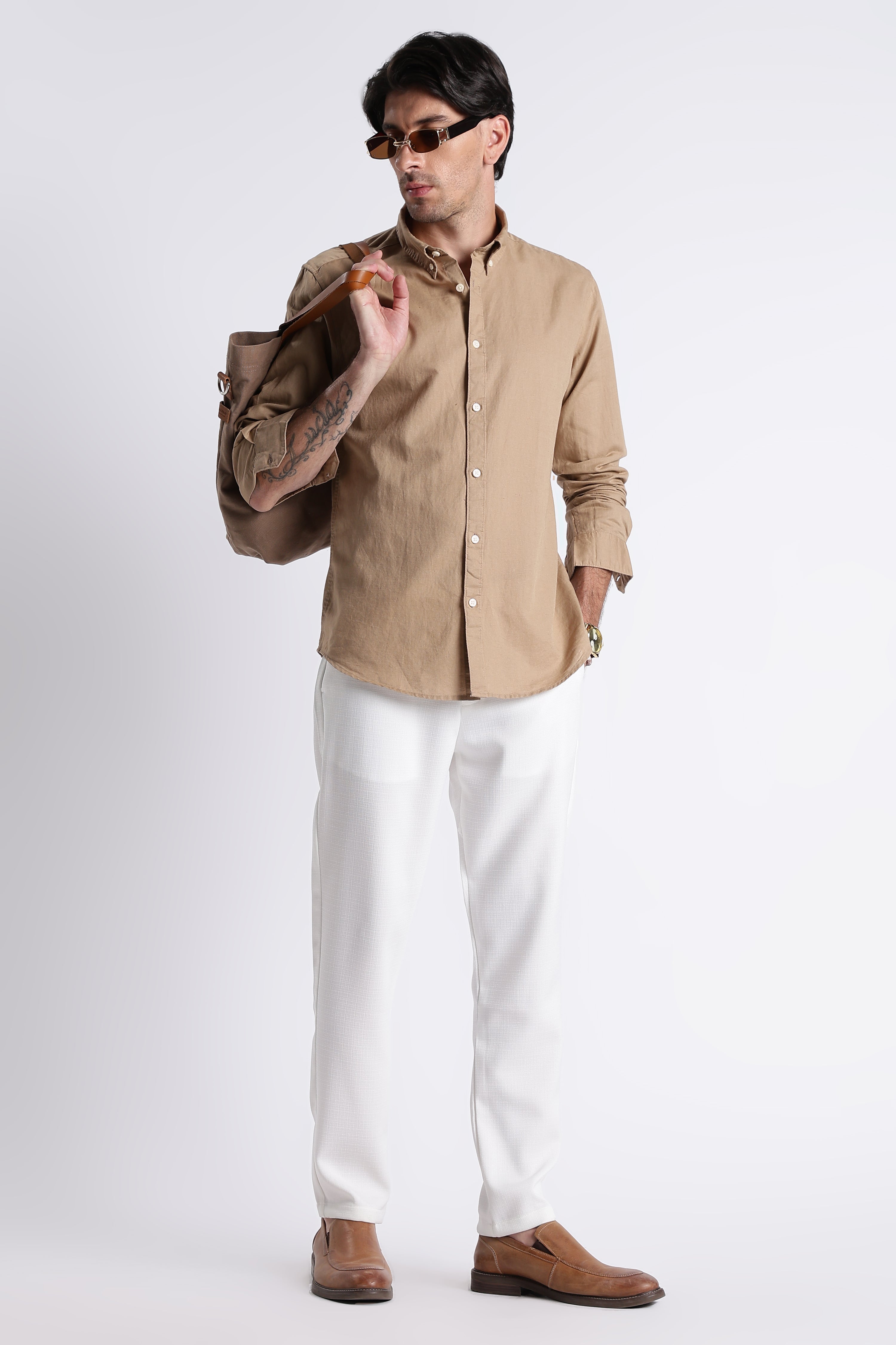 Men Premium Cotton Linen Slim Fit Solid Shirt