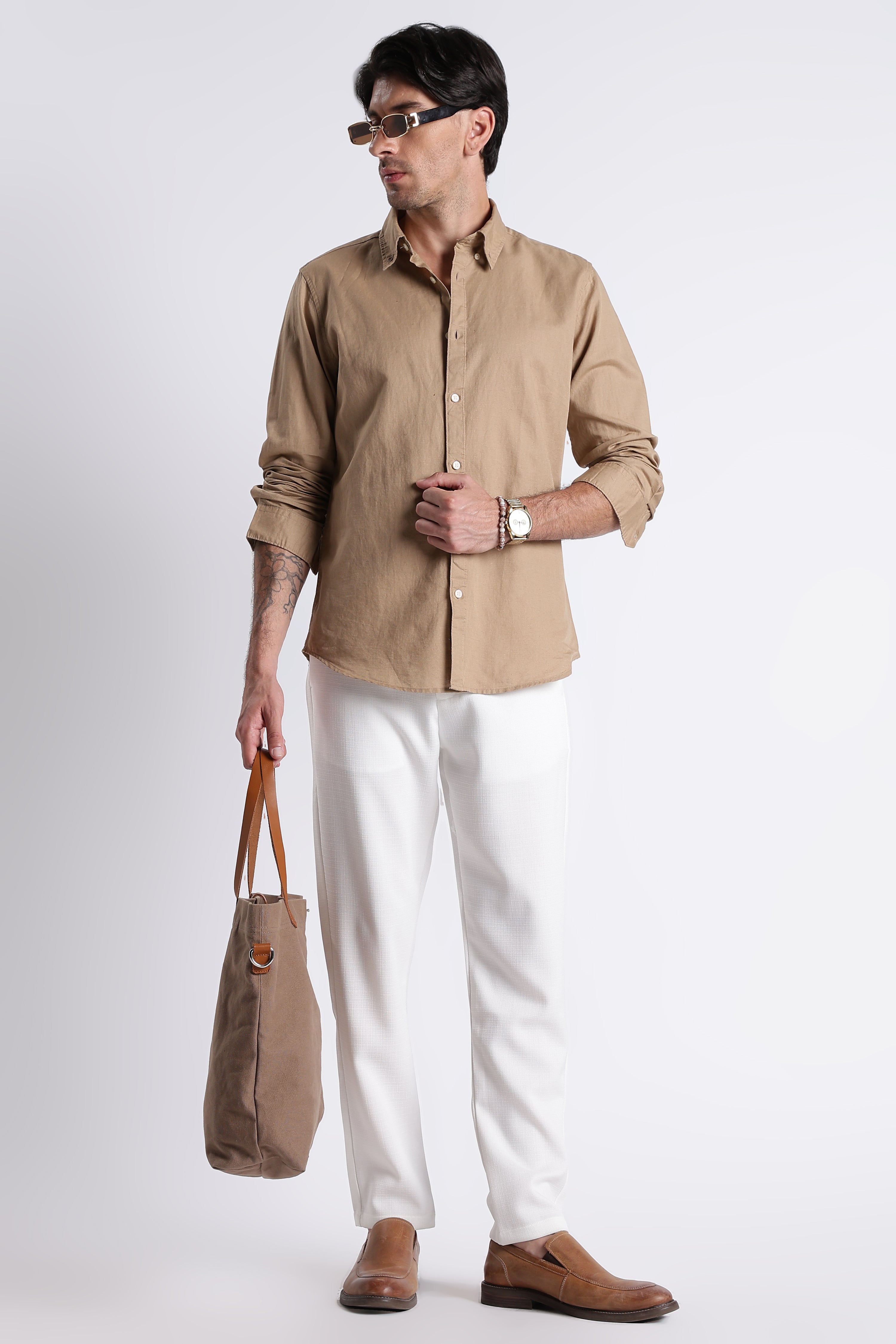Men Premium Cotton Linen Slim Fit Solid Shirt