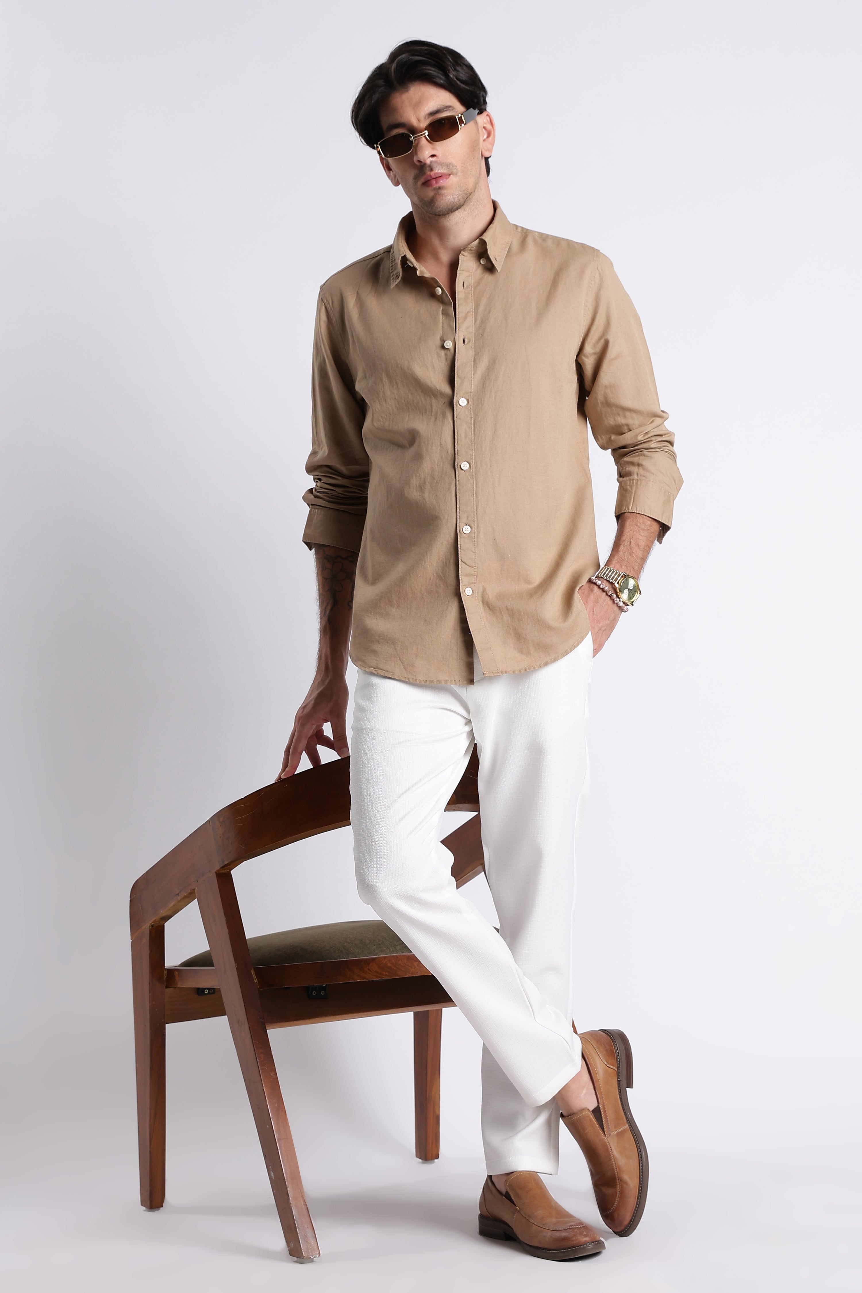 Men Premium Cotton Linen Slim Fit Solid Shirt