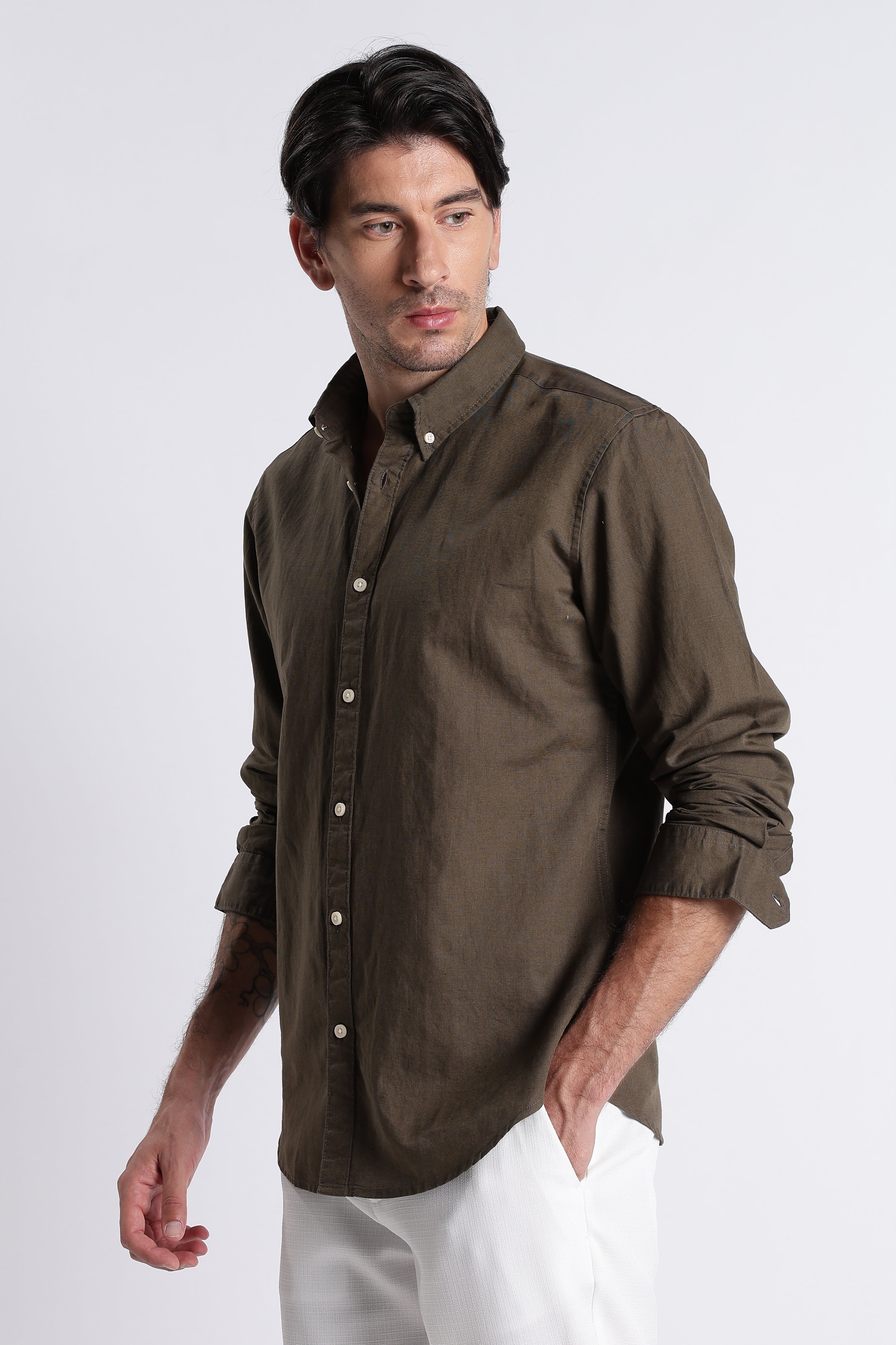 Men Premium Cotton Linen Slim Fit Solid Shirt
